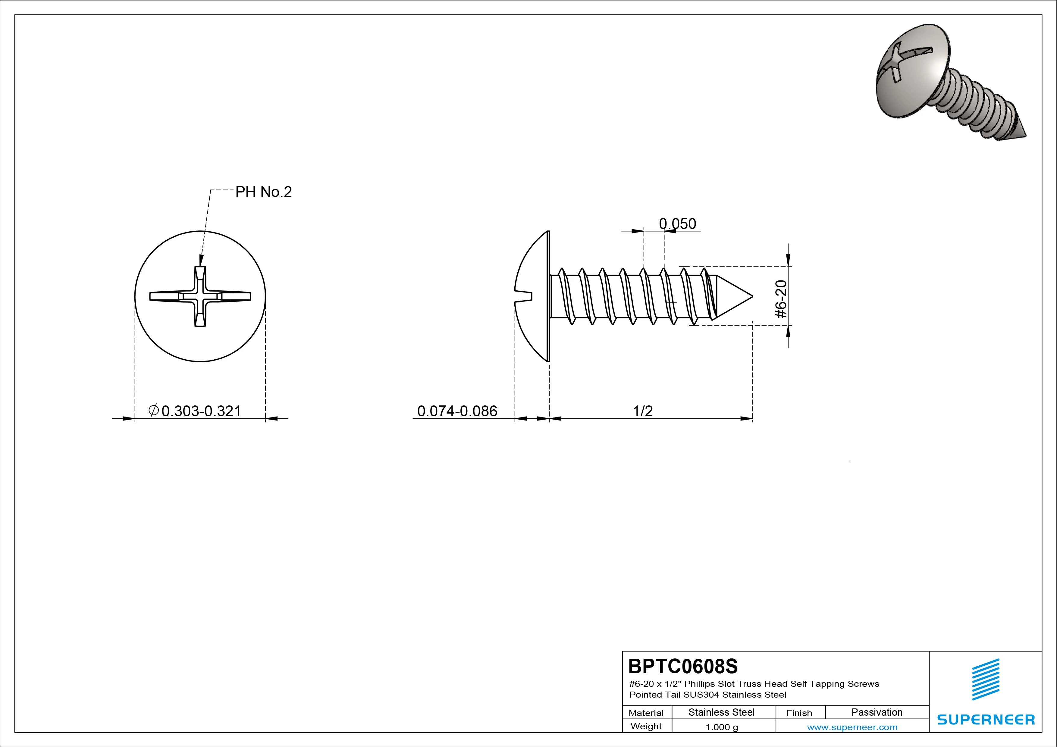 #6-20 x 1/2" Phillips Slot Truss Head Self Tapping Screws Pointed Tail SUS304 Stainless Steel