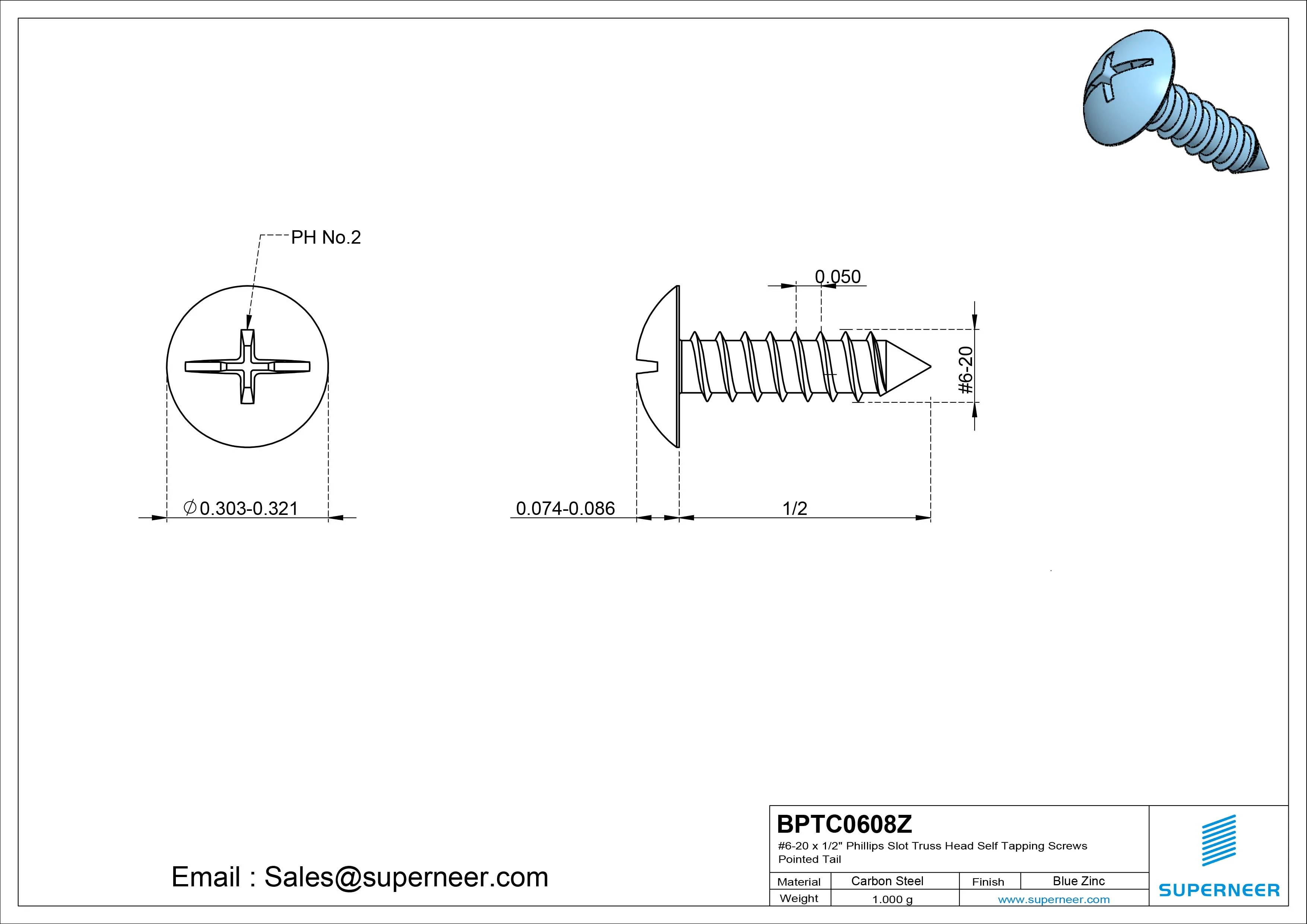 #6-20 x 1/2" Phillips Slot Truss Head Self Tapping Screws Pointed Tail Steel Blue Zinc Plated