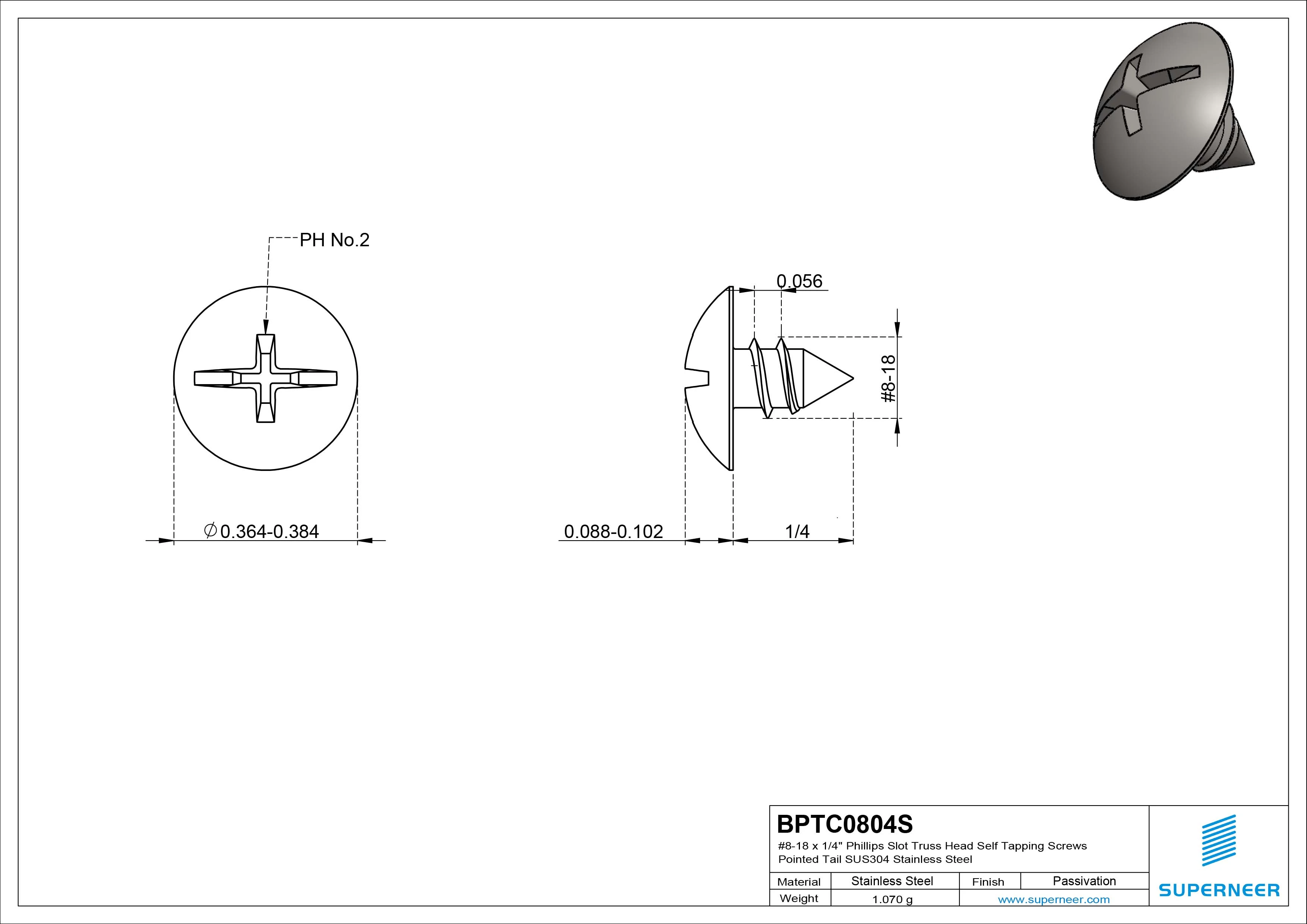 #8-18 x 1/4" Phillips Slot Truss Head Self Tapping Screws Pointed Tail SUS304 Stainless Steel