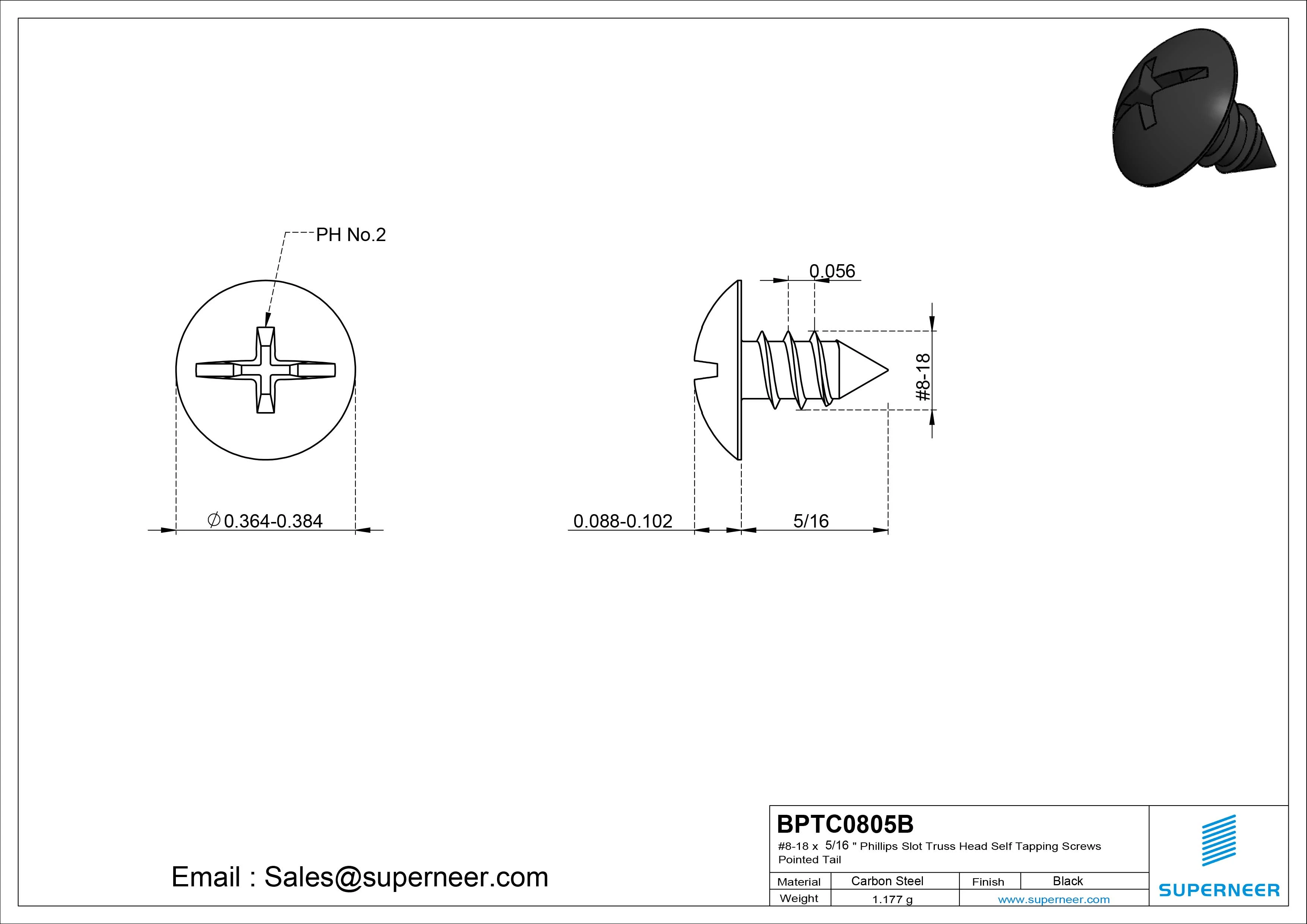 #8-18 x 5/16" Phillips Slot Truss Head Self Tapping Screws Pointed Tail Steel Black Zinc Plated