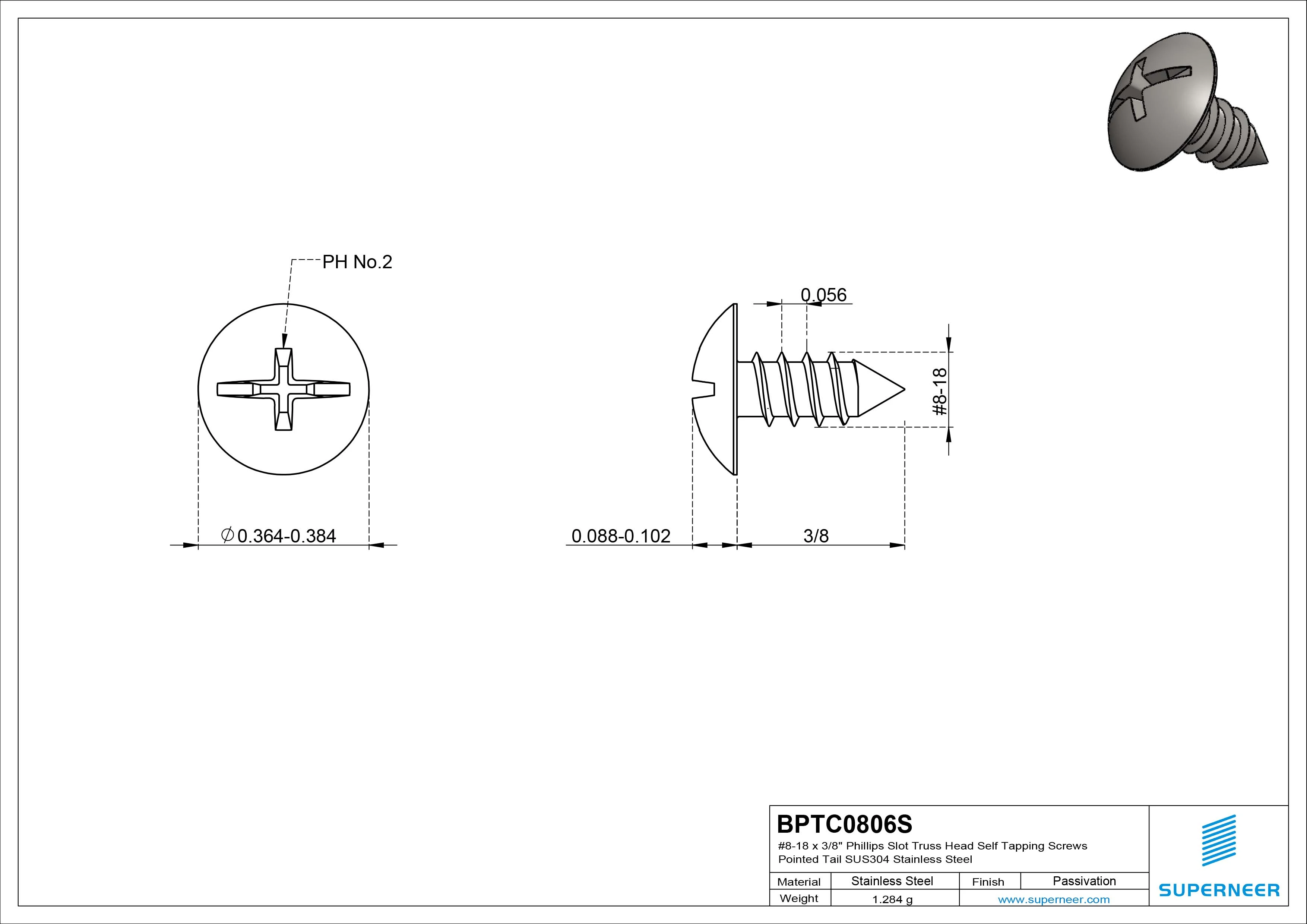 #8-18 x 3/8" Phillips Slot Truss Head Self Tapping Screws Pointed Tail SUS304 Stainless Steel