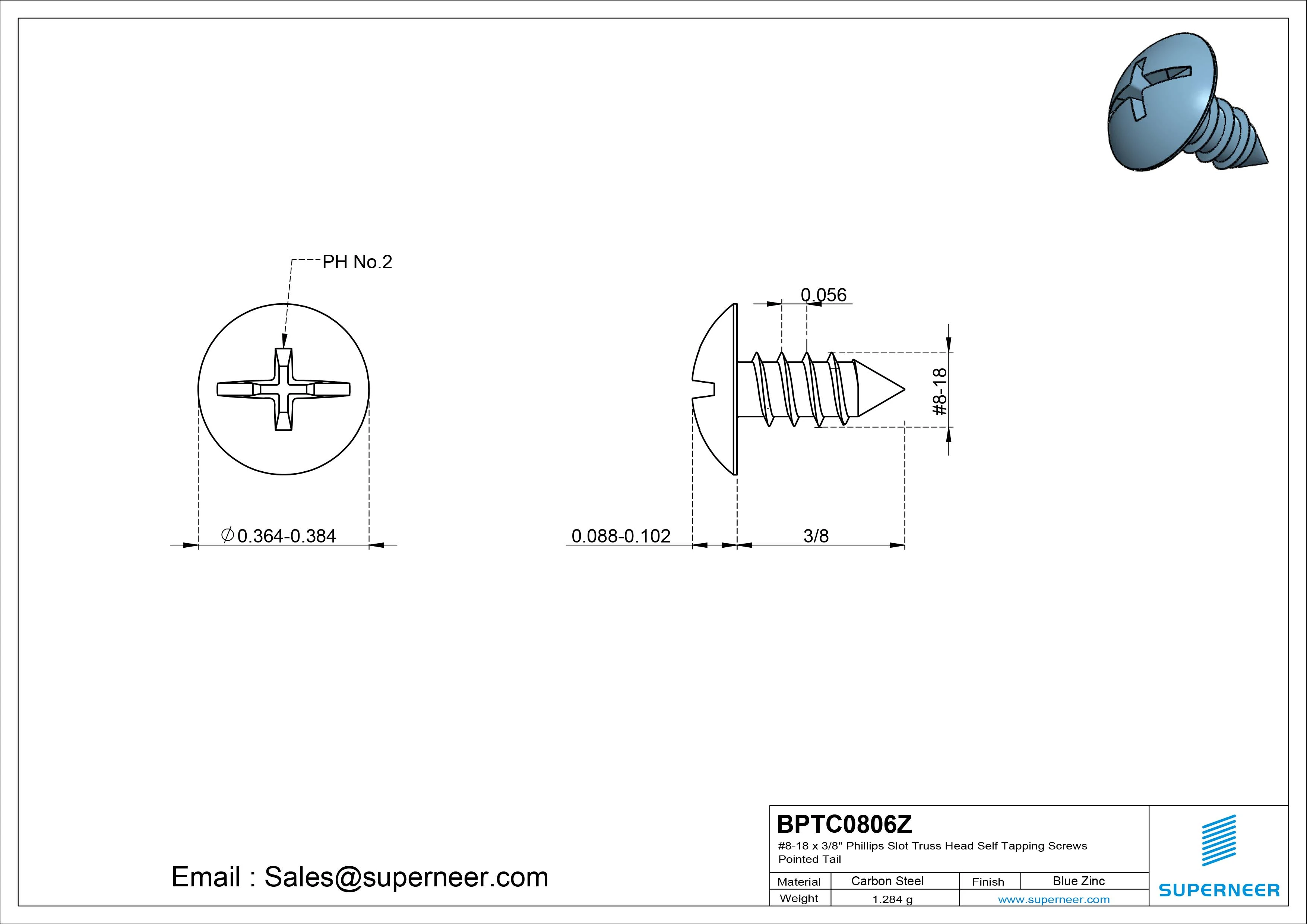 #8-18 x 3/8" Phillips Slot Truss Head Self Tapping Screws Pointed Tail Steel Blue Zinc Plated