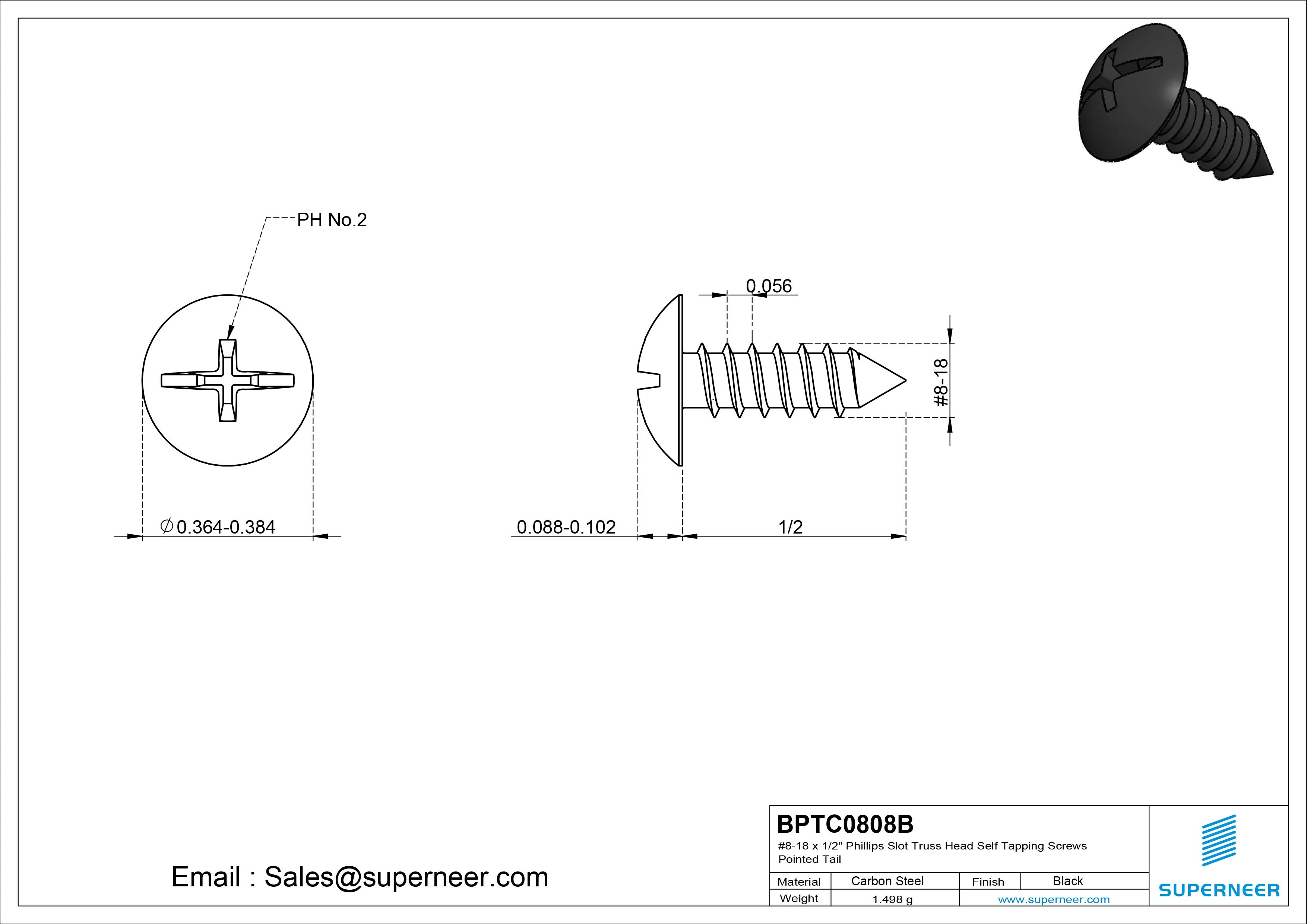 #8-18 x 1/2" Phillips Slot Truss Head Self Tapping Screws Pointed Tail Steel Black Zinc Plated
