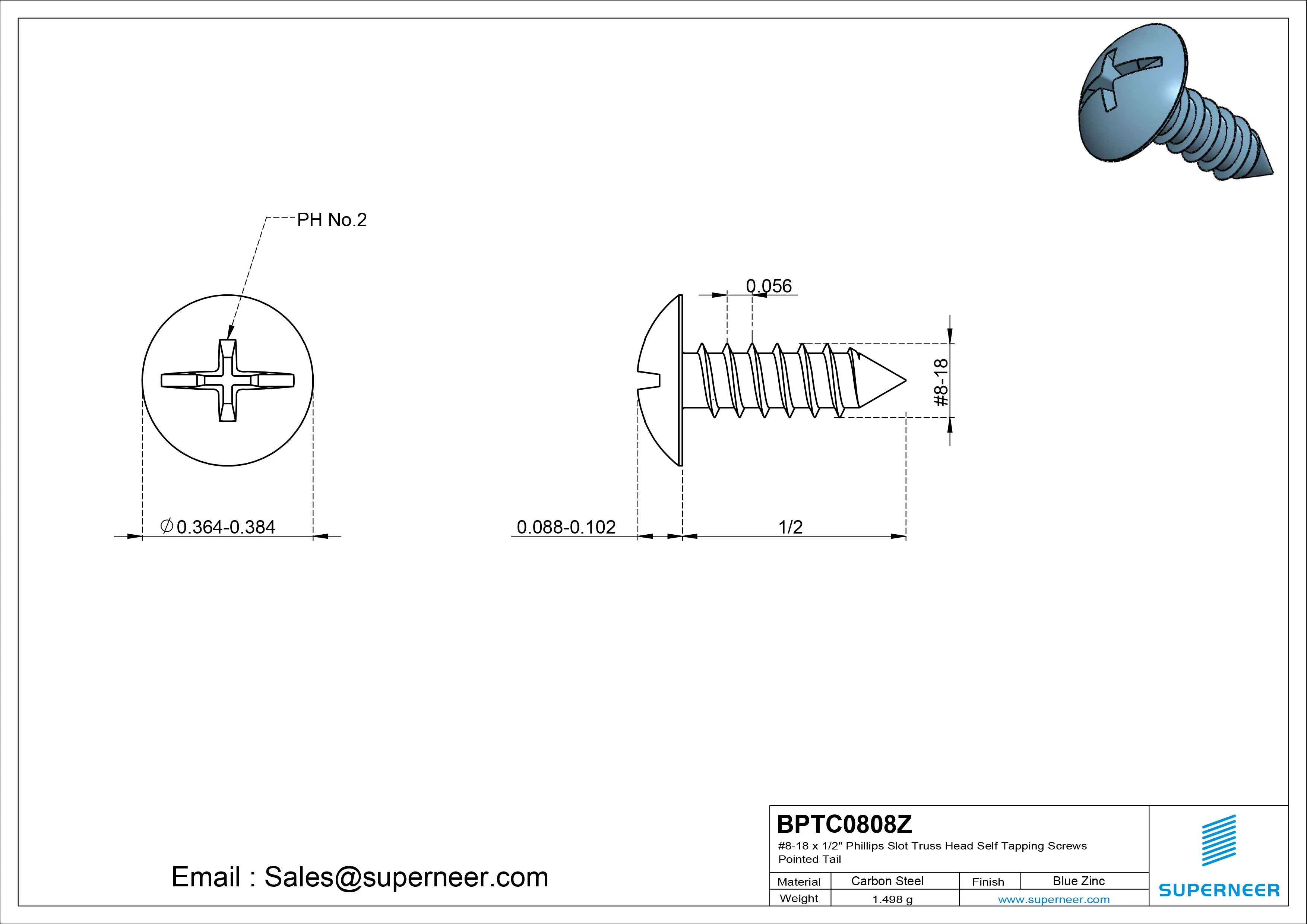 #8-18 x 1/2" Phillips Slot Truss Head Self Tapping Screws Pointed Tail Steel Blue Zinc Plated