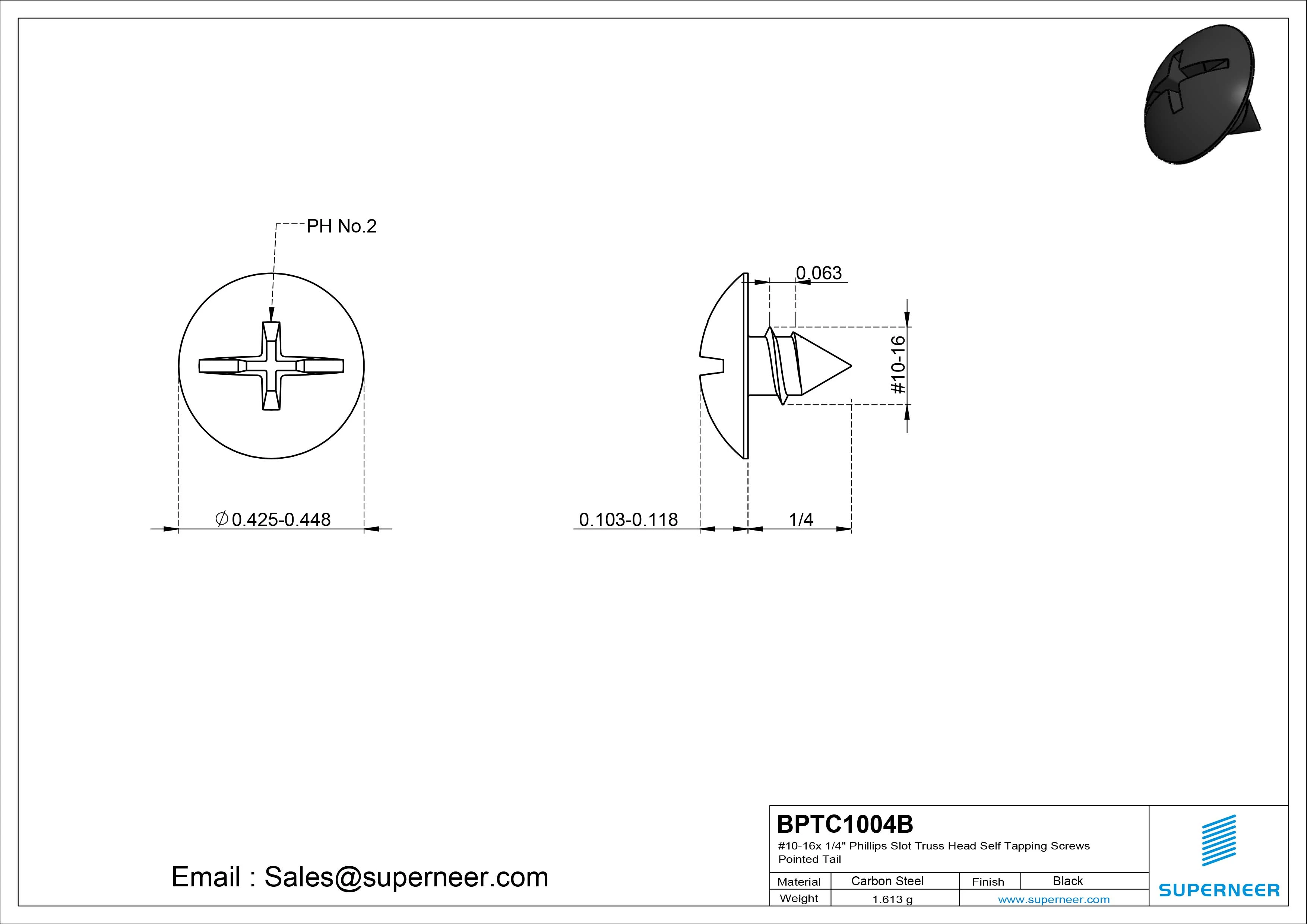 #10-16 x 1/4" Phillips Slot Truss Head Self Tapping Screws Pointed Tail Steel Black Zinc Plated