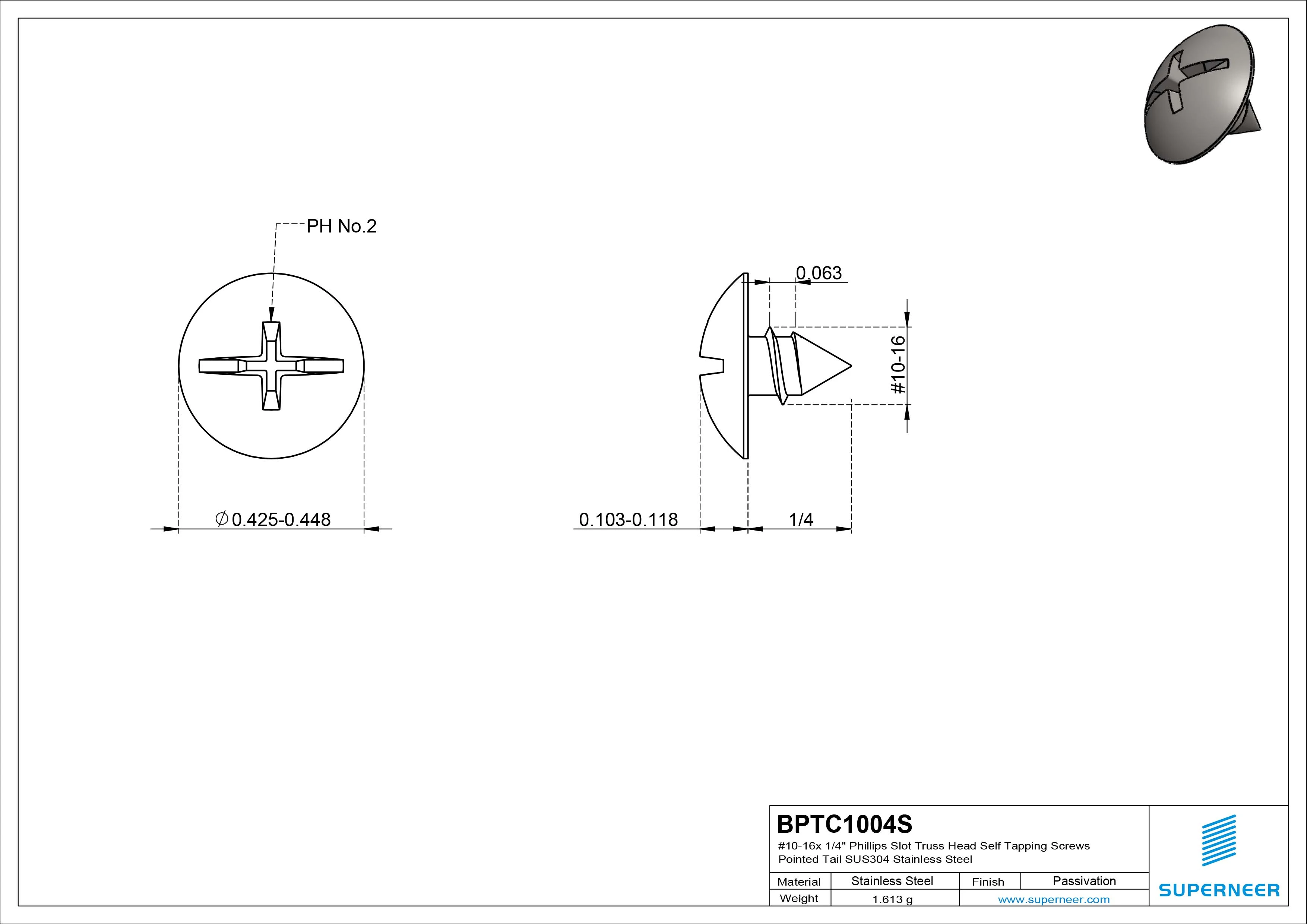 #10-16 x 1/4" Phillips Slot Truss Head Self Tapping Screws Pointed Tail SUS304 Stainless Steel