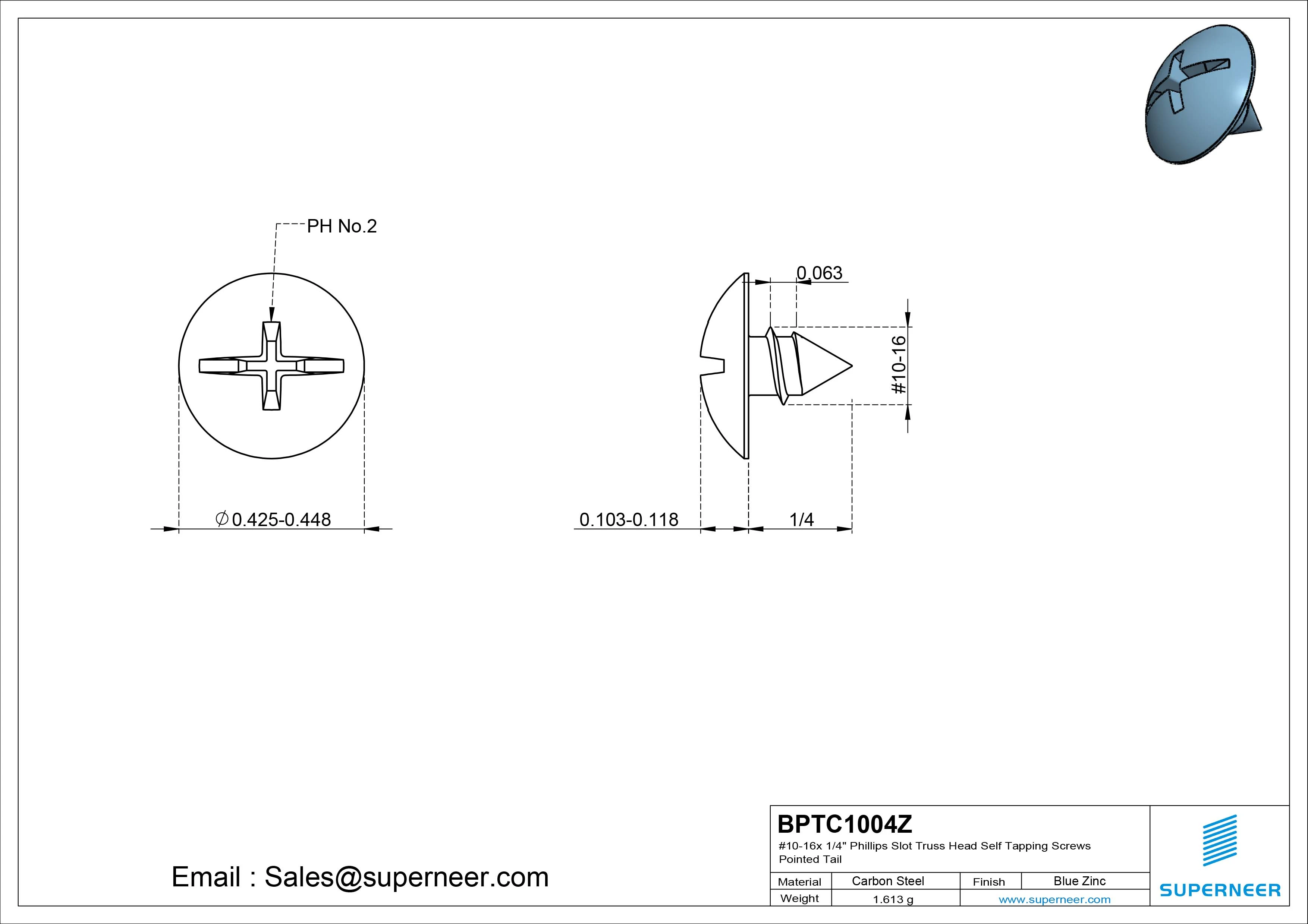 #10-16 x 1/4" Phillips Slot Truss Head Self Tapping Screws Pointed Tail Steel Blue Zinc Plated