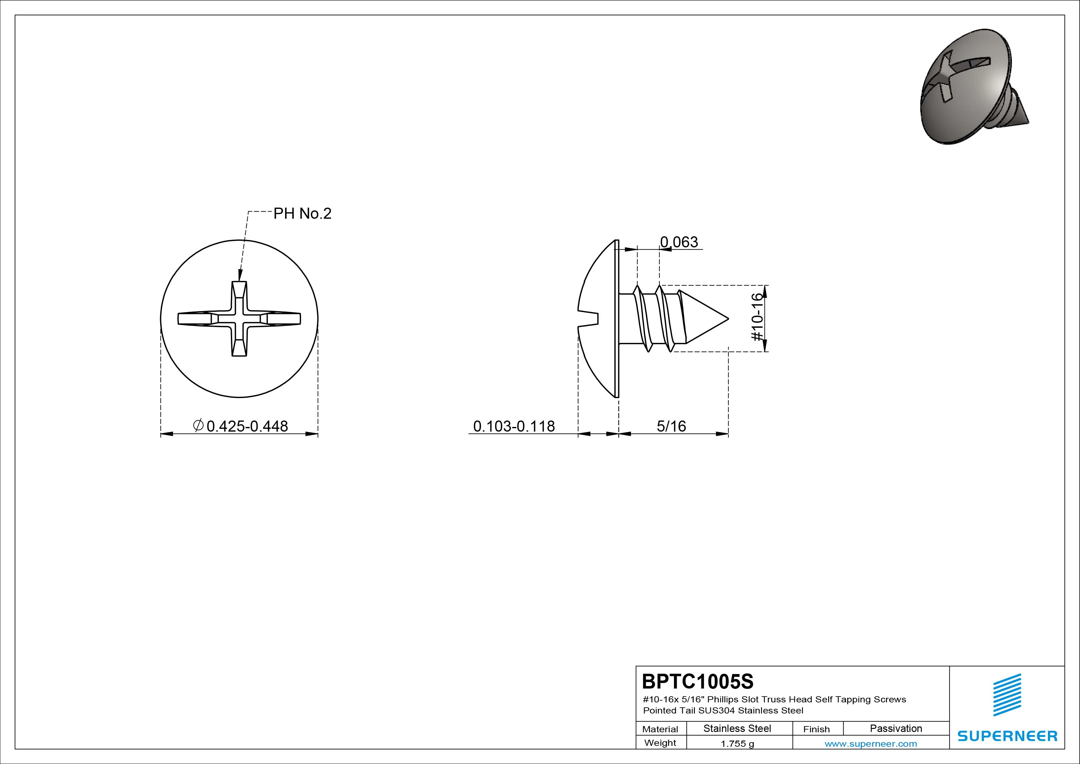 #10-16 x 5/16" Phillips Slot Truss Head Self Tapping Screws Pointed Tail SUS304 Stainless Steel