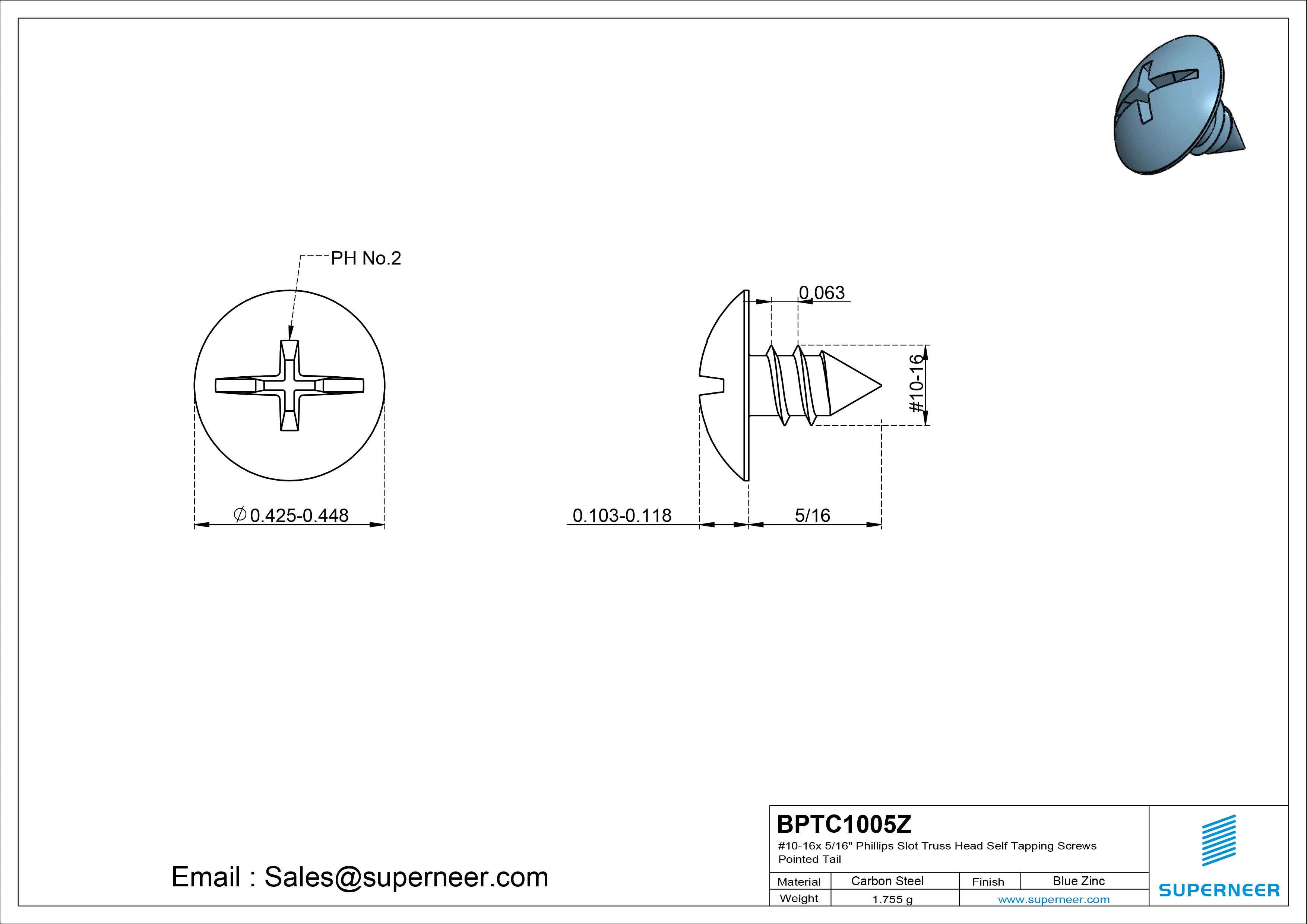 #10-16 x 5/16" Phillips Slot Truss Head Self Tapping Screws Pointed Tail Steel Blue Zinc Plated