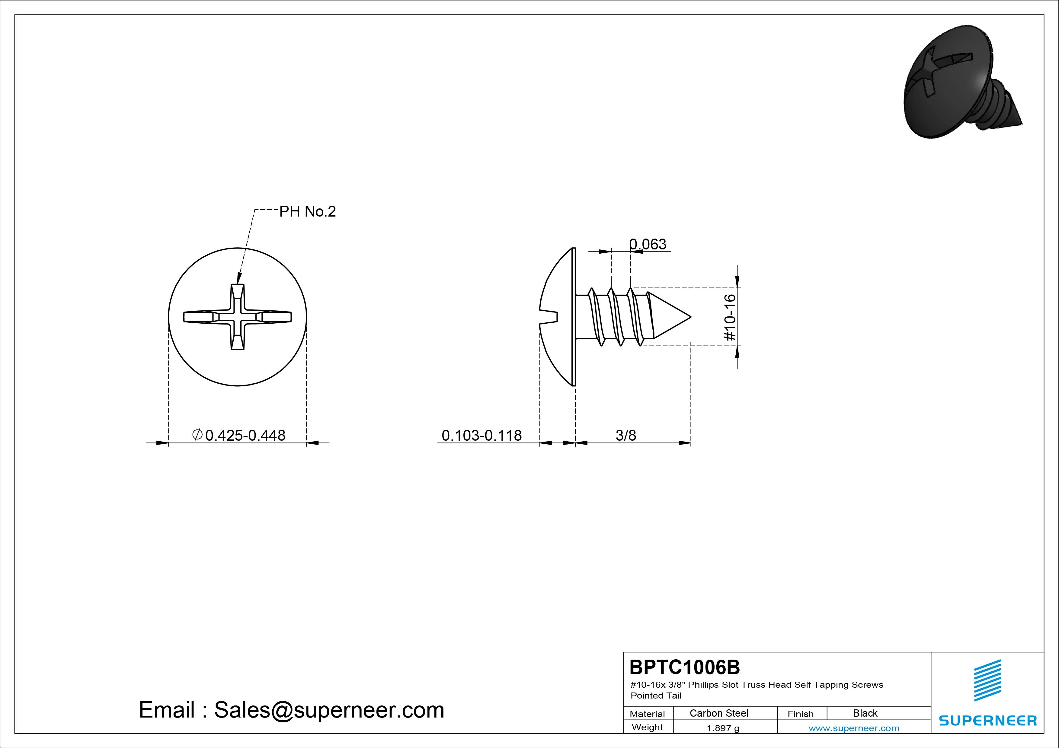 #10-16 x 3/8" Phillips Slot Truss Head Self Tapping Screws Pointed Tail Steel Black Zinc Plated