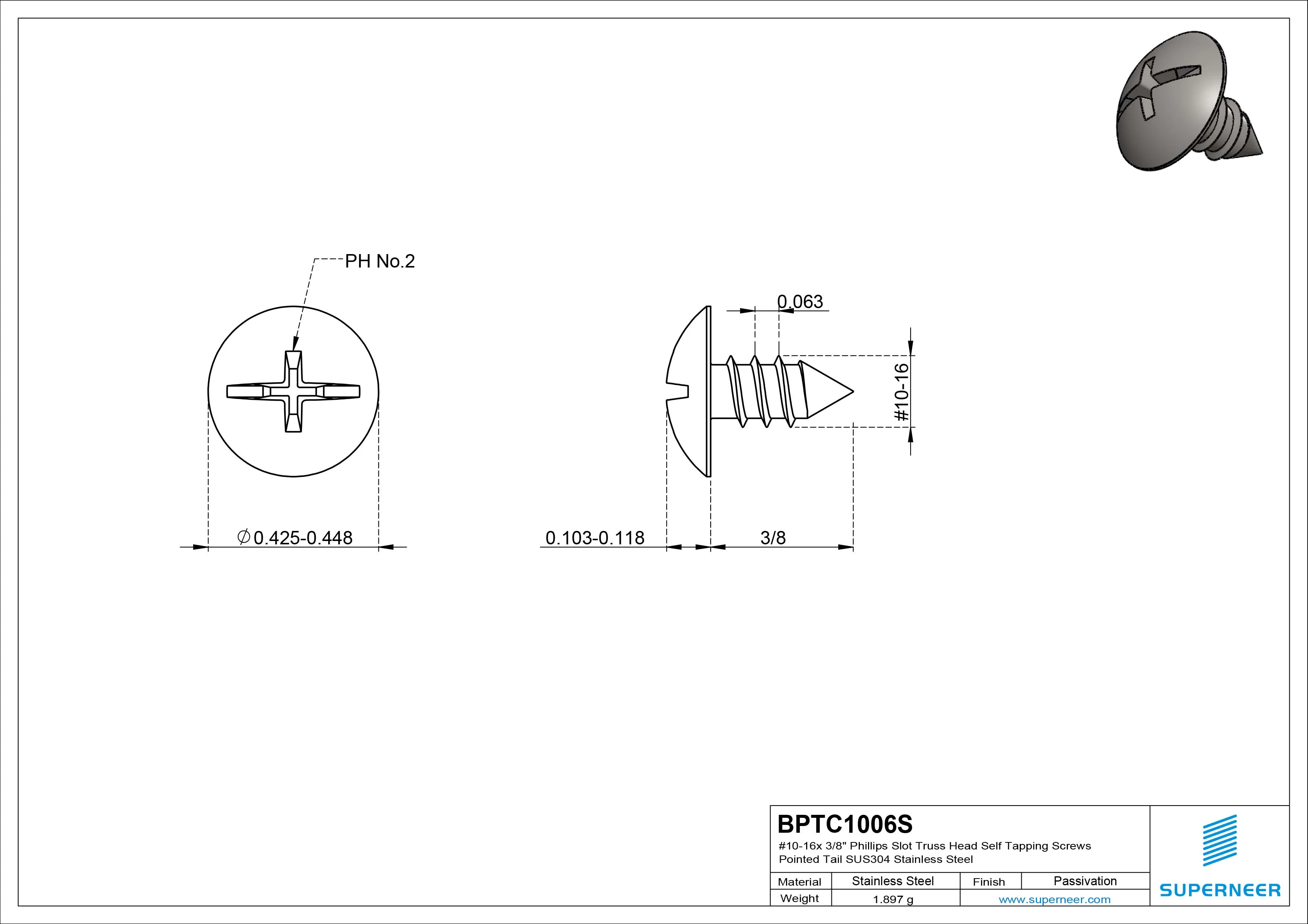 #10-16 x 3/8" Phillips Slot Truss Head Self Tapping Screws Pointed Tail SUS304 Stainless Steel
