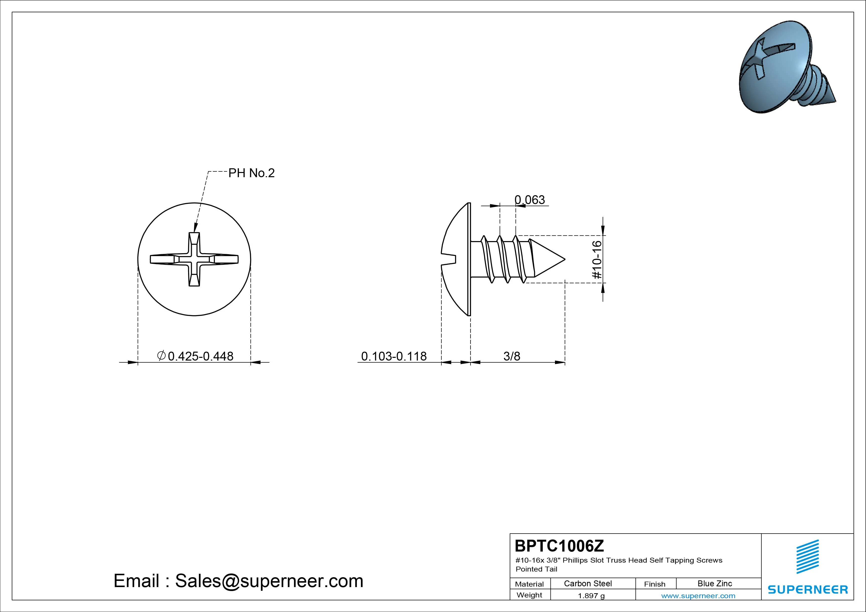 #10-16 x 3/8" Phillips Slot Truss Head Self Tapping Screws Pointed Tail Steel Blue Zinc Plated