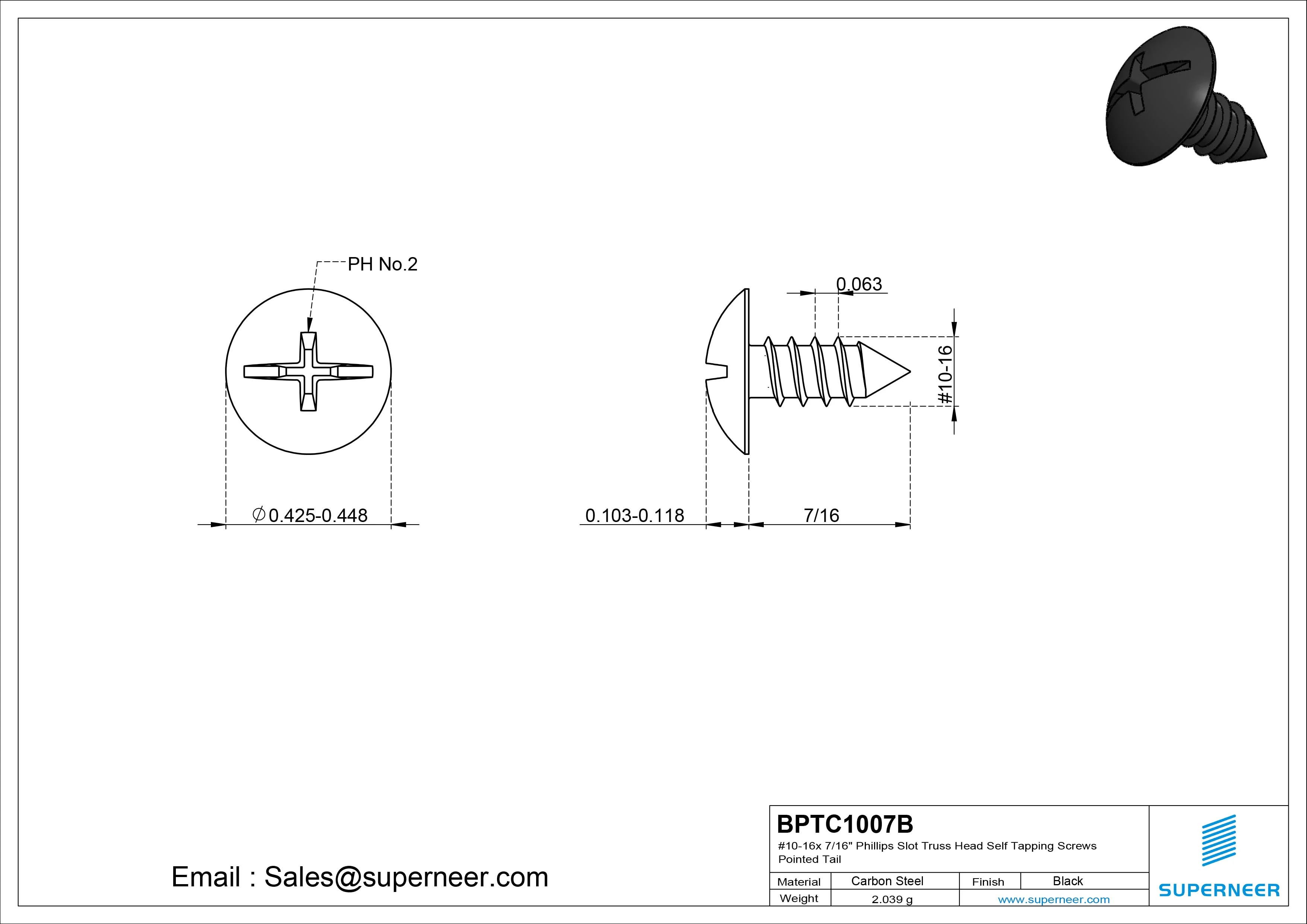 #10-16 x 7/16" Phillips Slot Truss Head Self Tapping Screws Pointed Tail Steel Black Zinc Plated