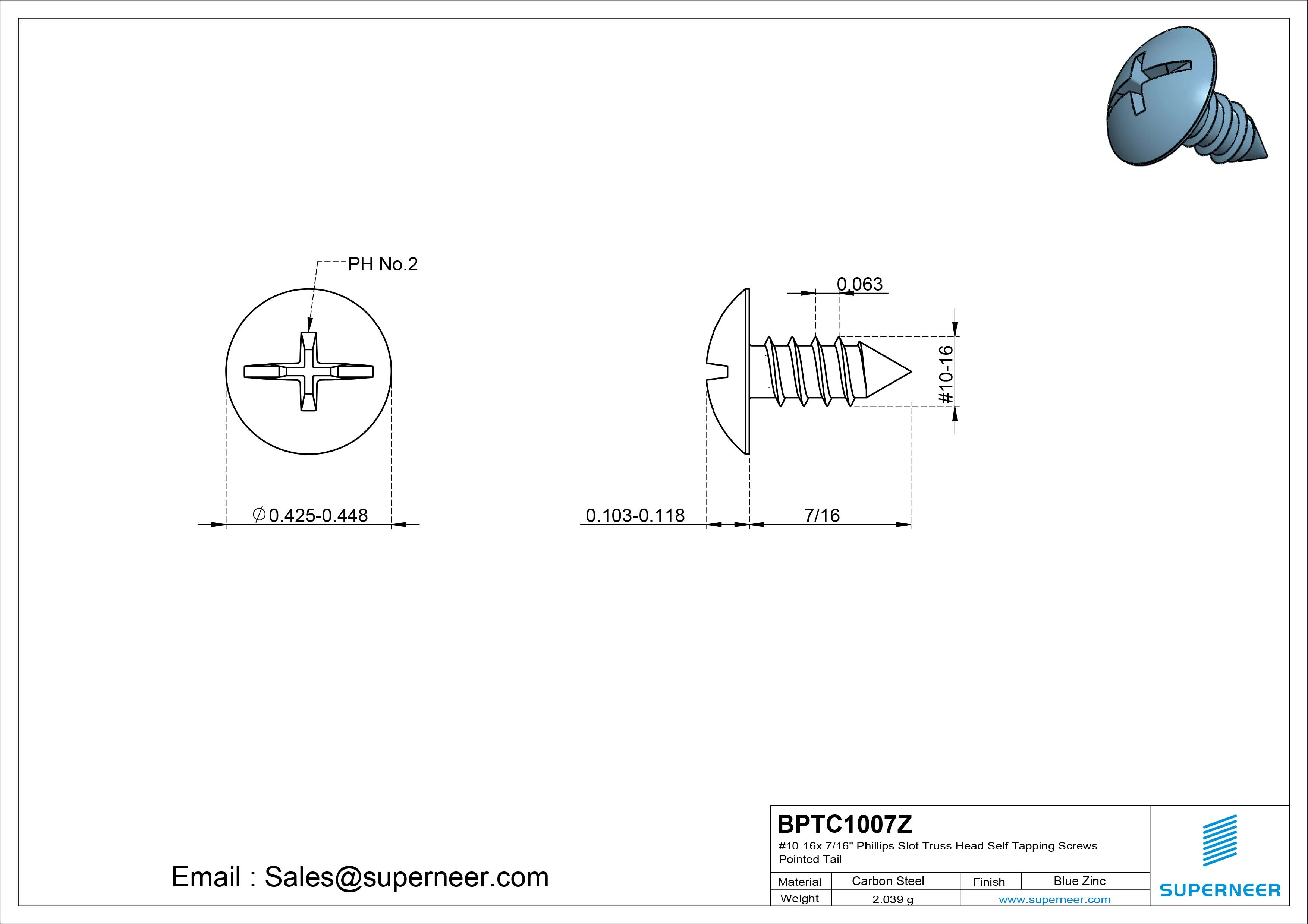 #10-16 x 7/16" Phillips Slot Truss Head Self Tapping Screws Pointed Tail Steel Blue Zinc Plated
