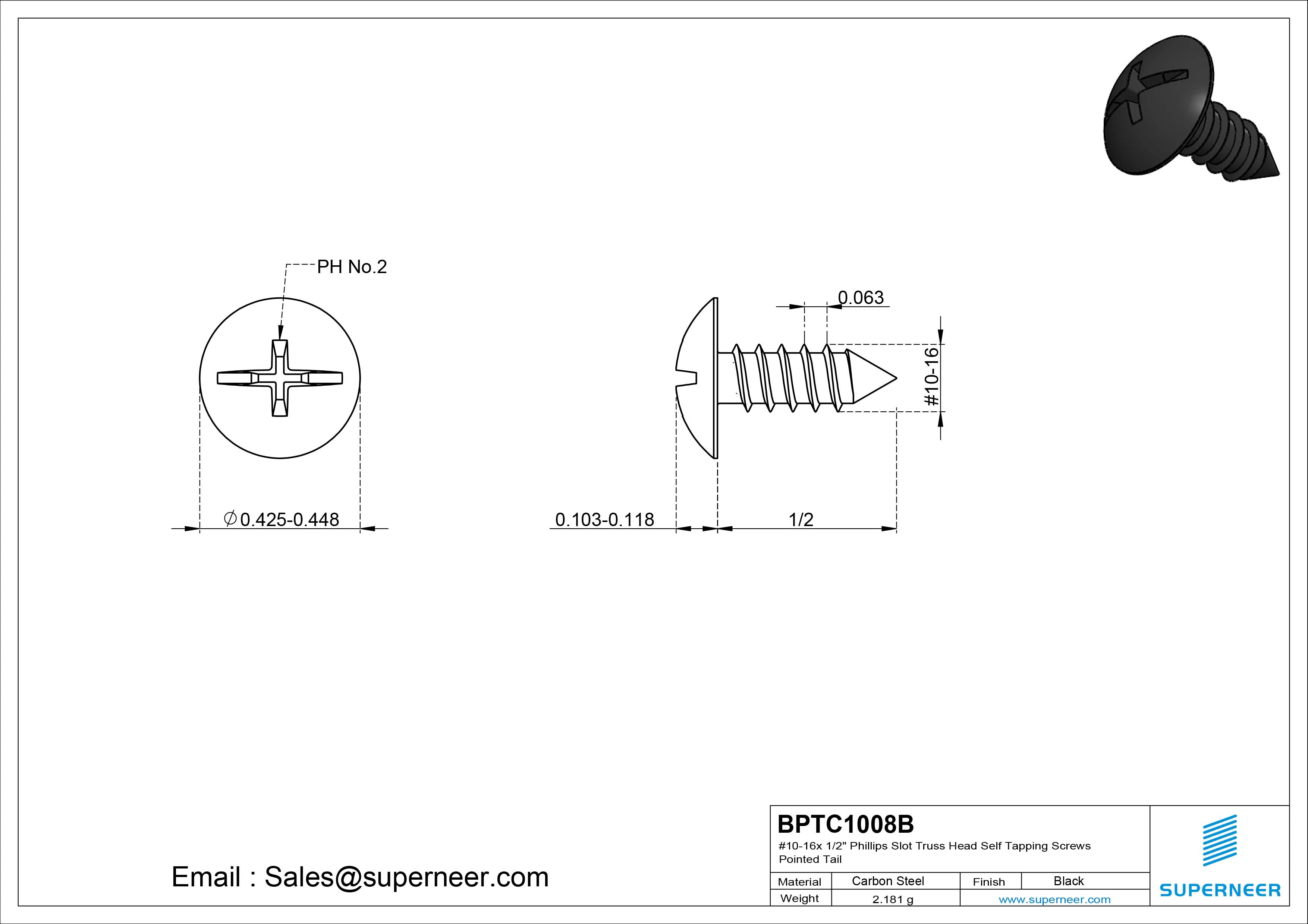 #10-16 x 1/2" Phillips Slot Truss Head Self Tapping Screws Pointed Tail Steel Black Zinc Plated