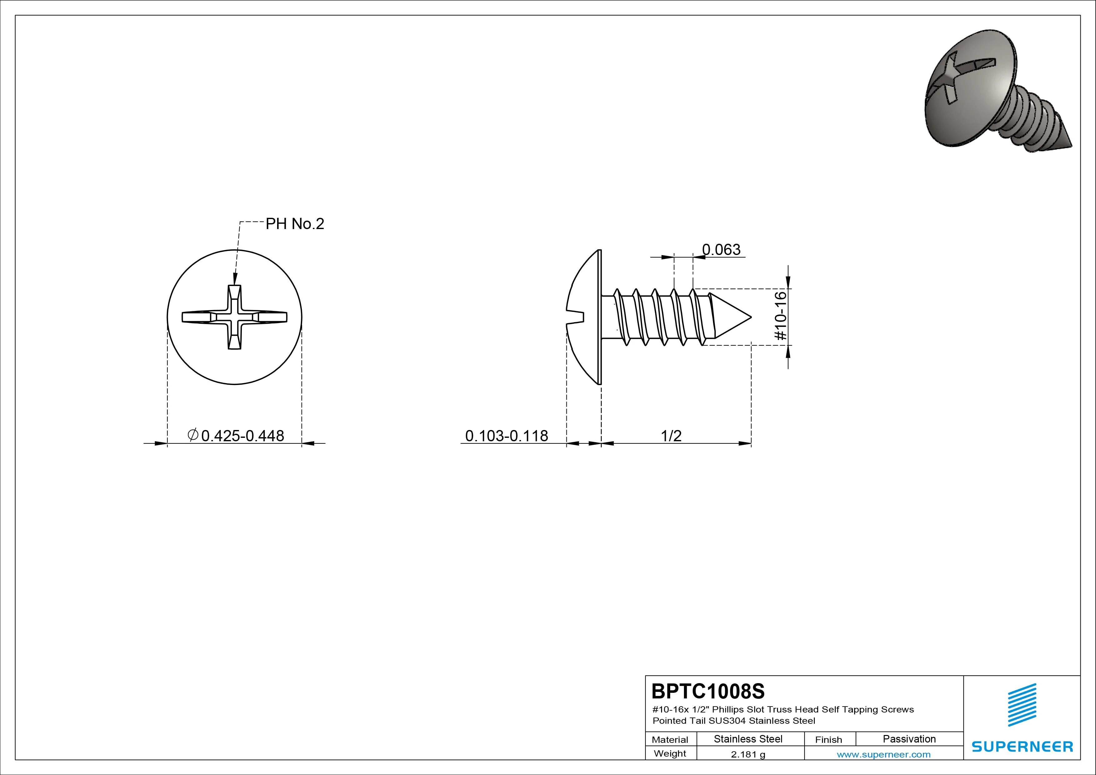 #10-16 x 1/2" Phillips Slot Truss Head Self Tapping Screws Pointed Tail SUS304 Stainless Steel