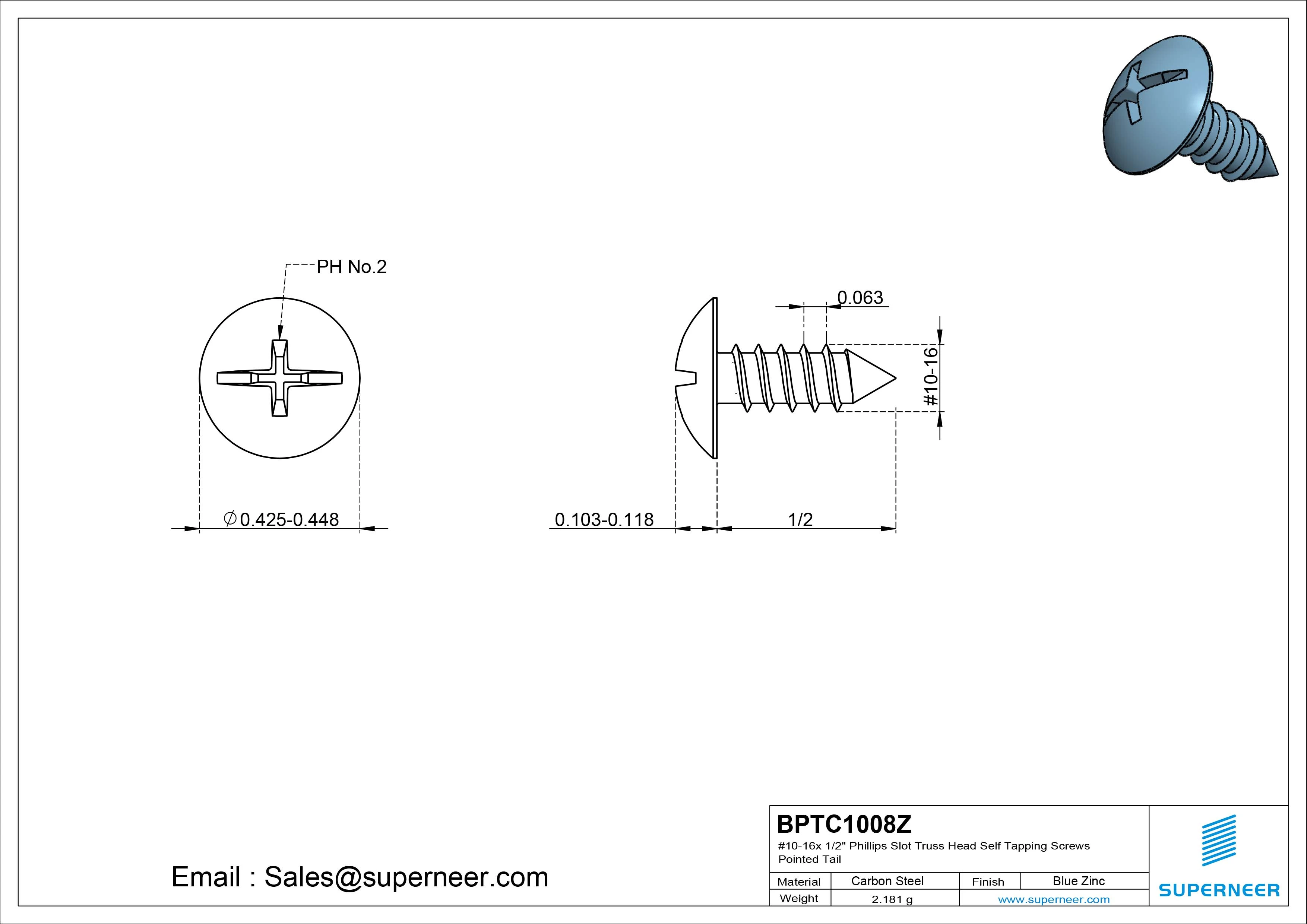 #10-16 x 1/2" Phillips Slot Truss Head Self Tapping Screws Pointed Tail Steel Blue Zinc Plated