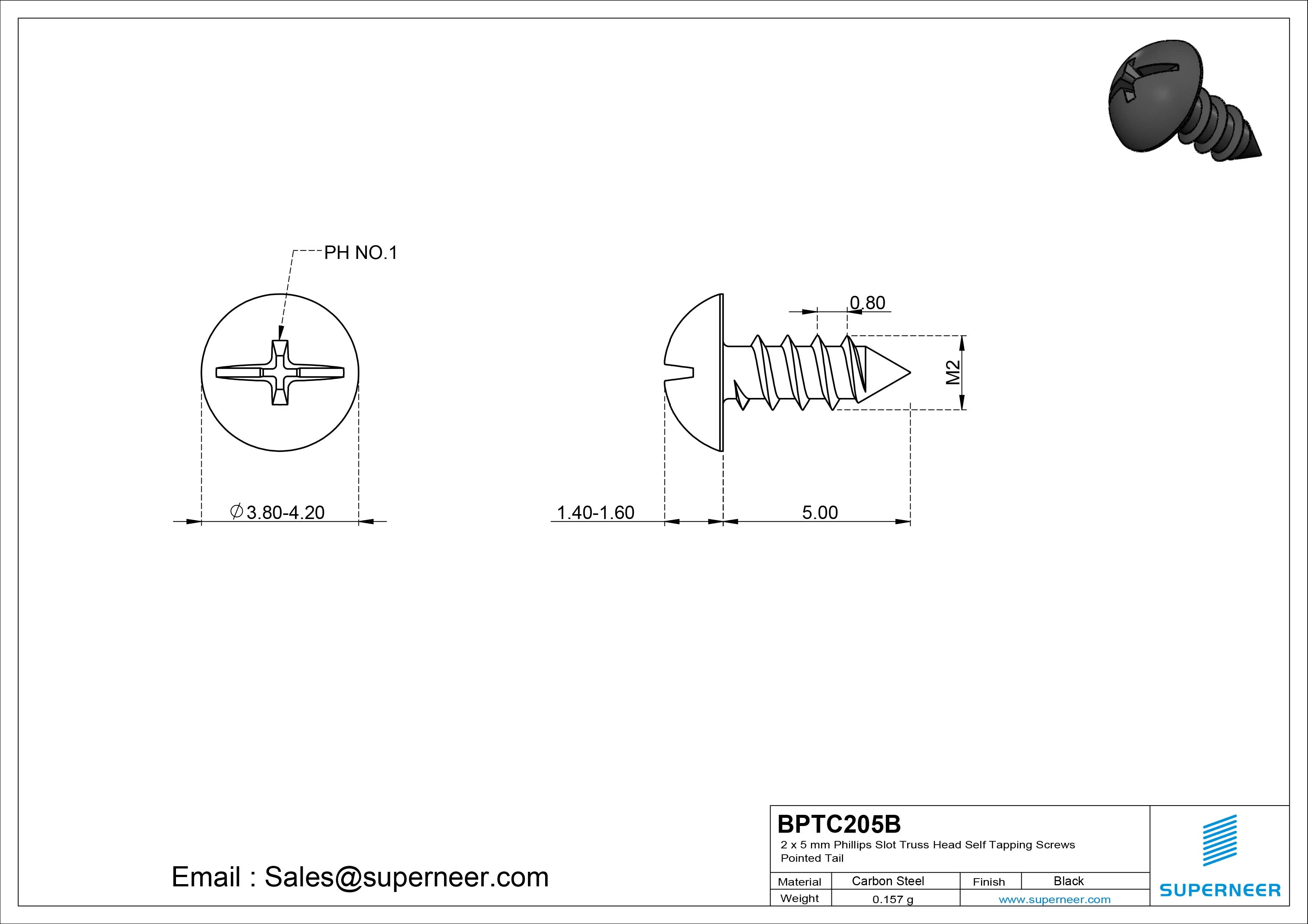 2 x 5mm Phillips Slot Truss Head Self Tapping Screws Pointed Tail Steel Black Zinc Plated