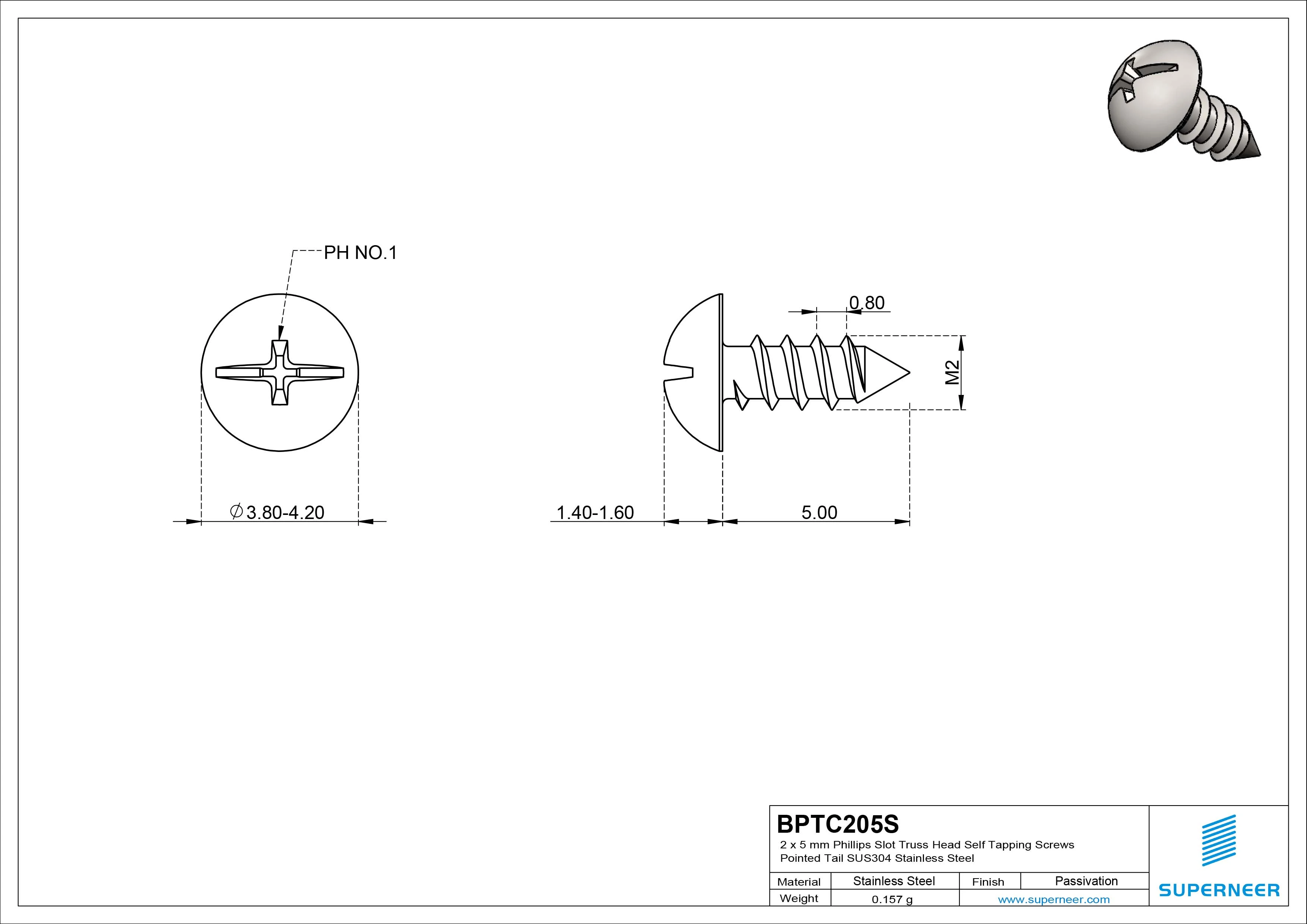 2 x 5mm Phillips Slot Truss Head Self Tapping Screws Pointed Tail SUS304 Stainless Steel