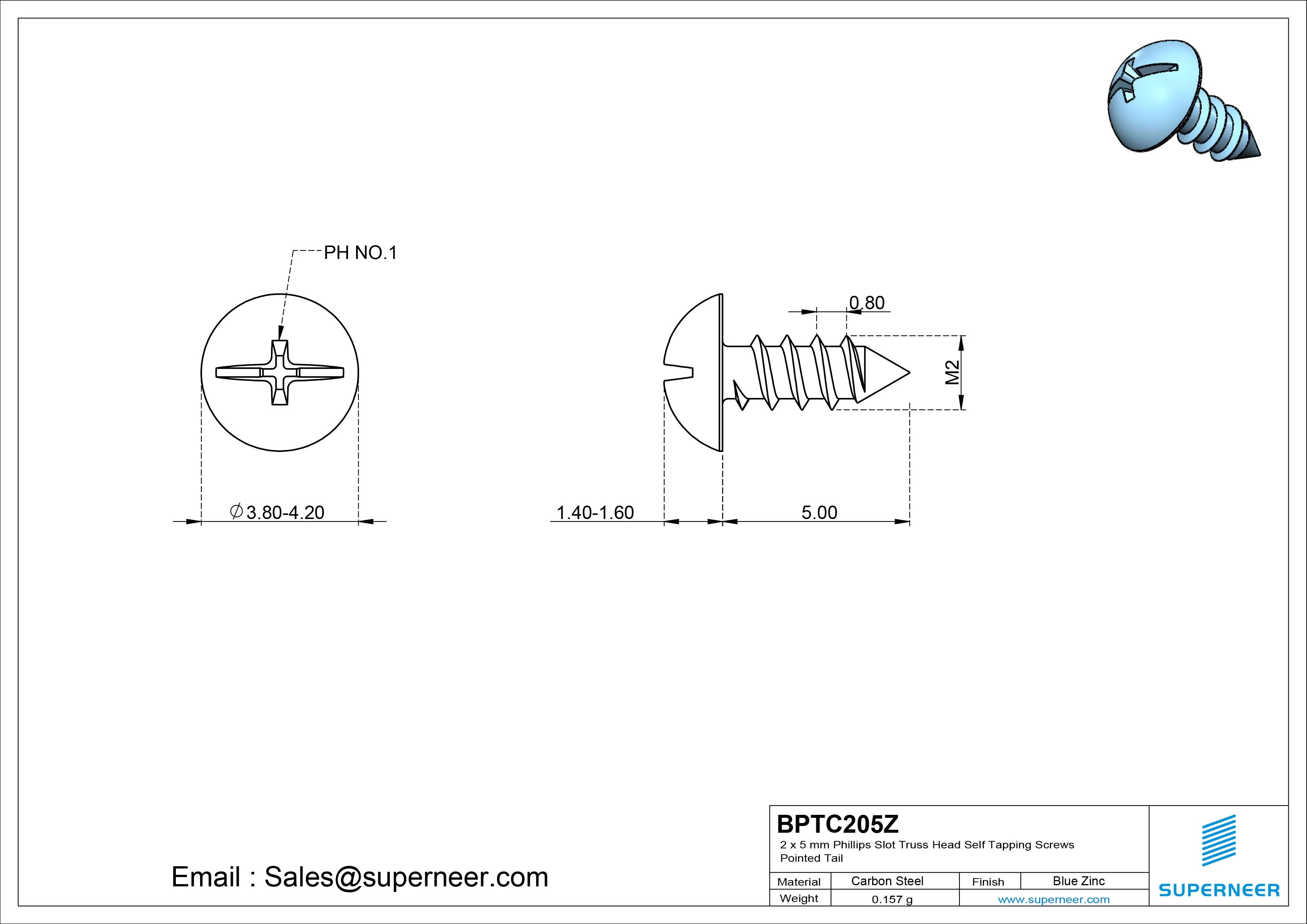 2 x 5mm Phillips Slot Truss Head Self Tapping Screws Pointed Tail Steel Blue Zinc Plated