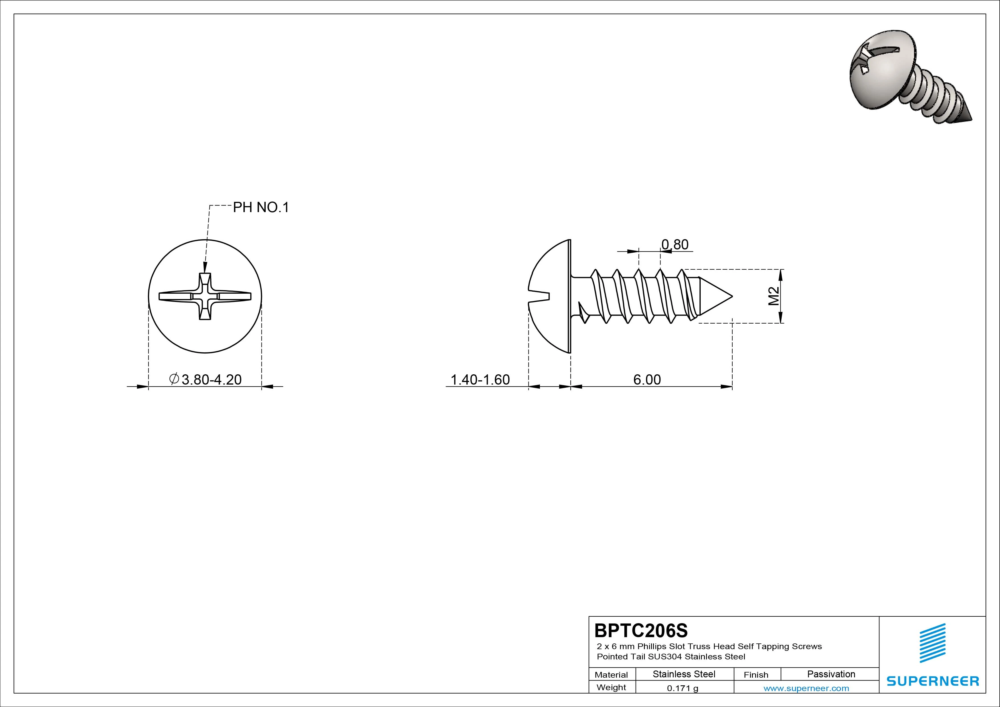 2 x 6mm Phillips Slot Truss Head Self Tapping Screws Pointed Tail SUS304 Stainless Steel