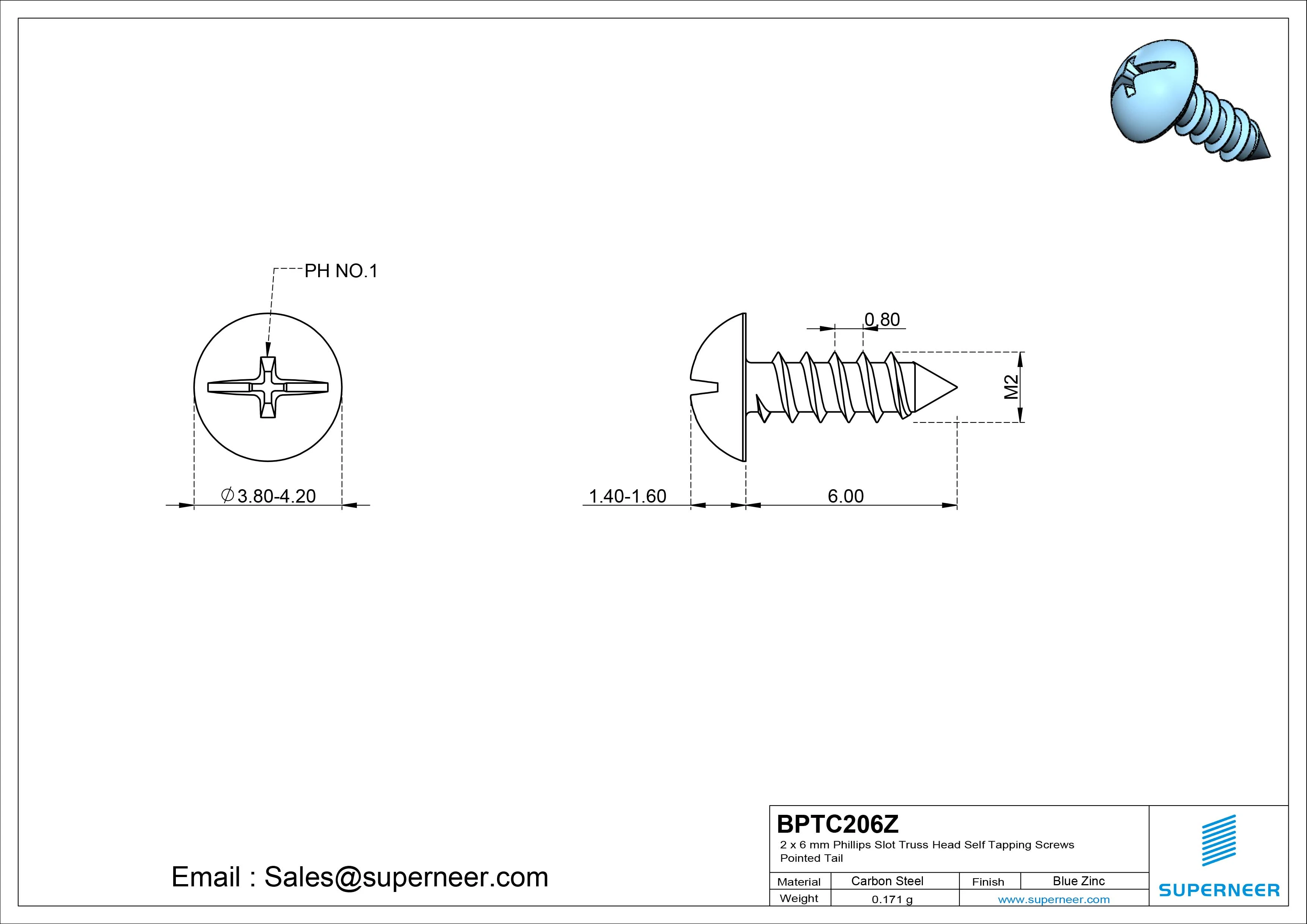 2 x 6mm Phillips Slot Truss Head Self Tapping Screws Pointed Tail Steel Blue Zinc Plated