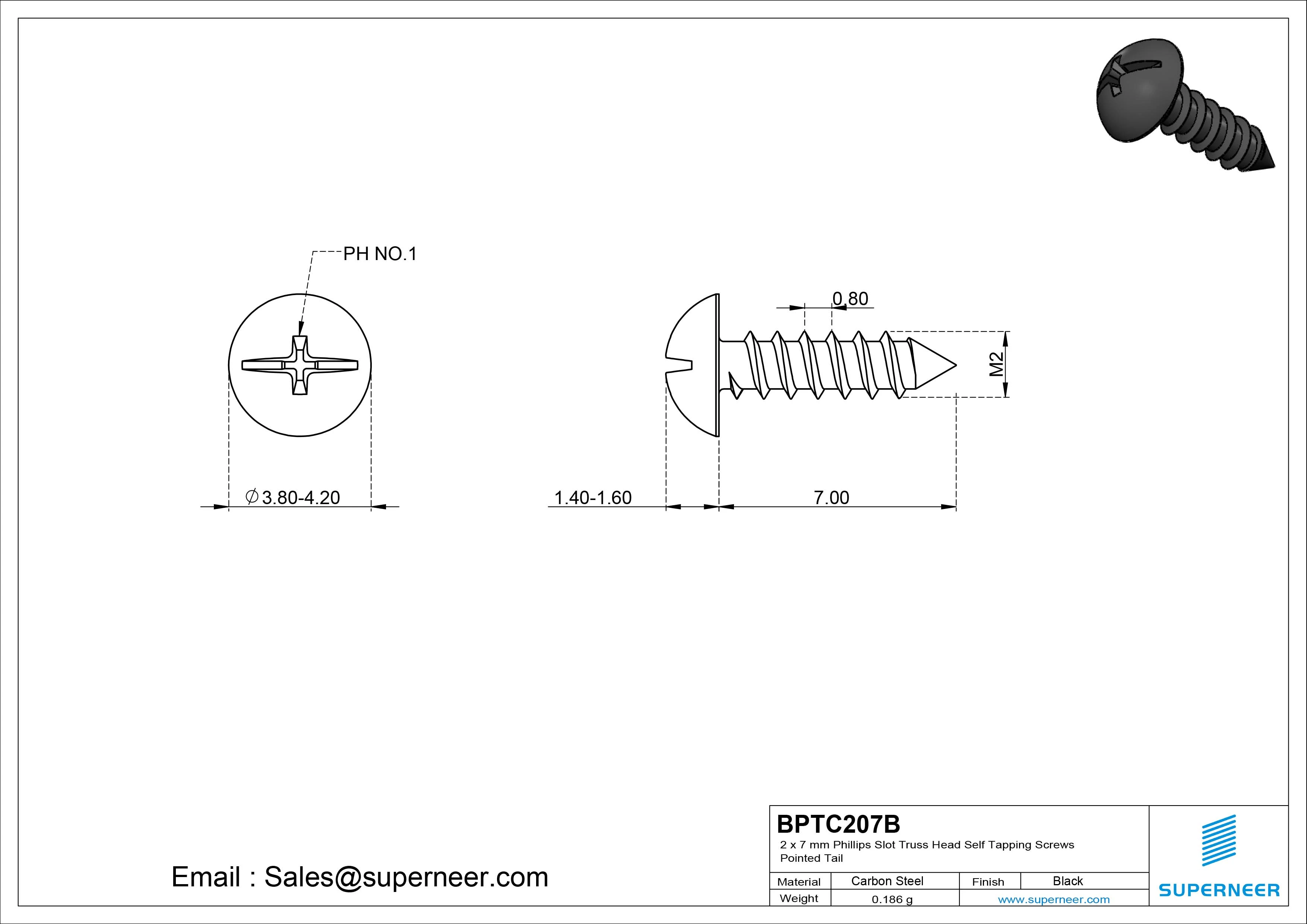 2 x 7mm Phillips Slot Truss Head Self Tapping Screws Pointed Tail Steel Black Zinc Plated