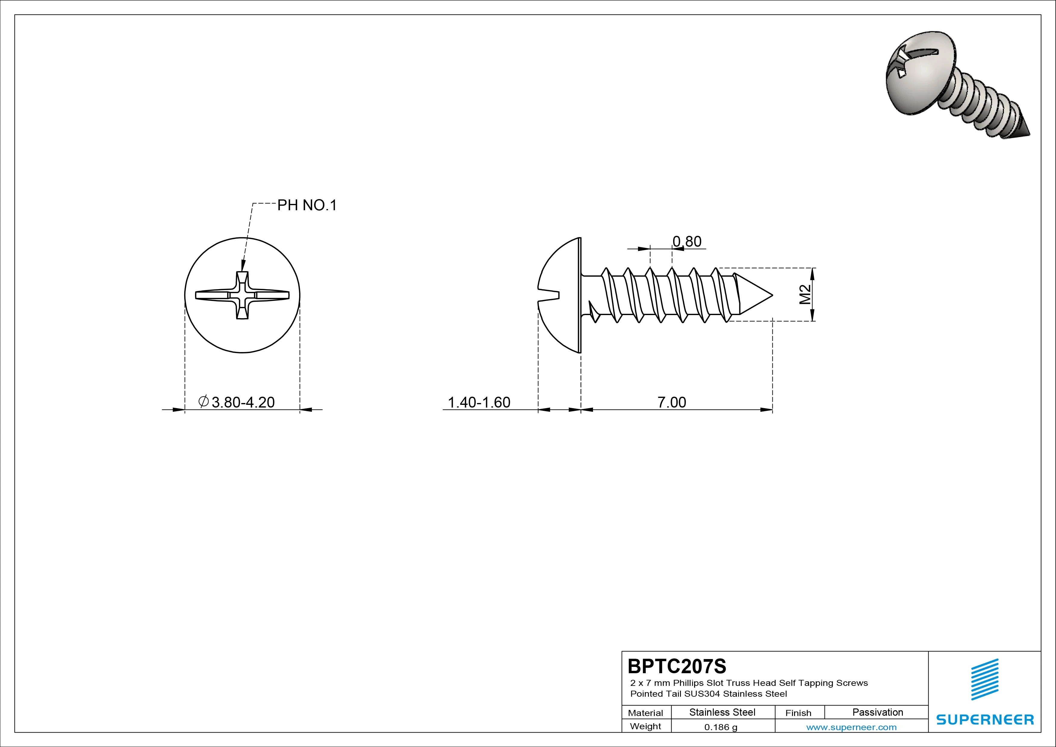 2 x 7mm Phillips Slot Truss Head Self Tapping Screws Pointed Tail SUS304 Stainless Steel
