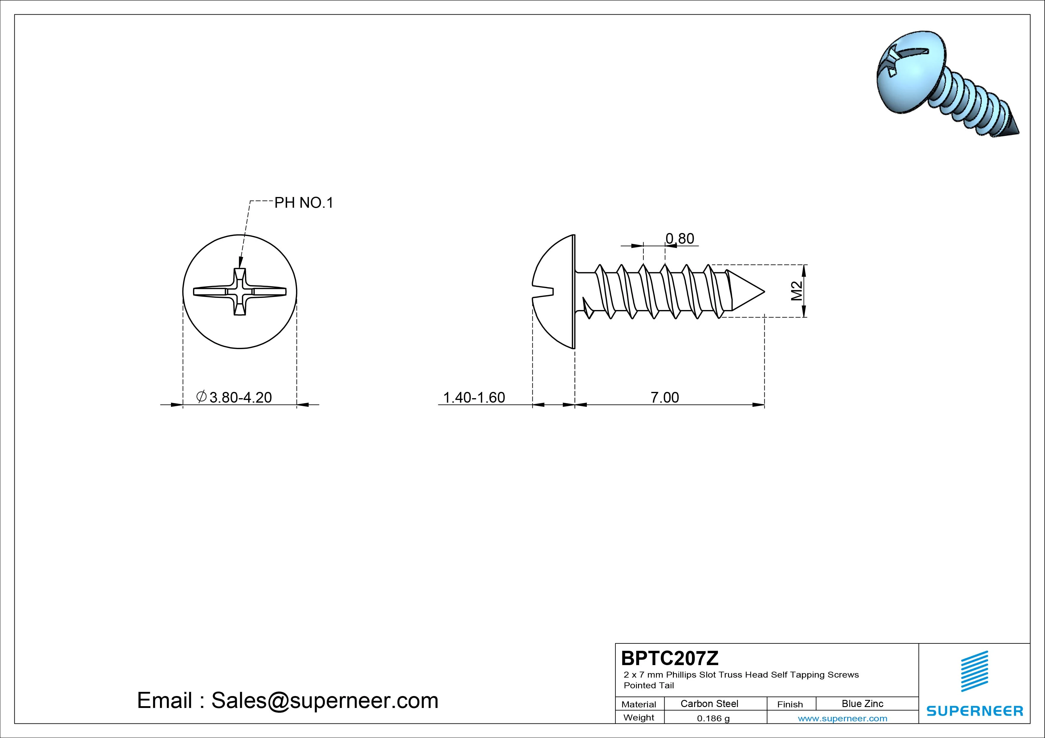 2 x 7mm Phillips Slot Truss Head Self Tapping Screws Pointed Tail Steel Blue Zinc Plated