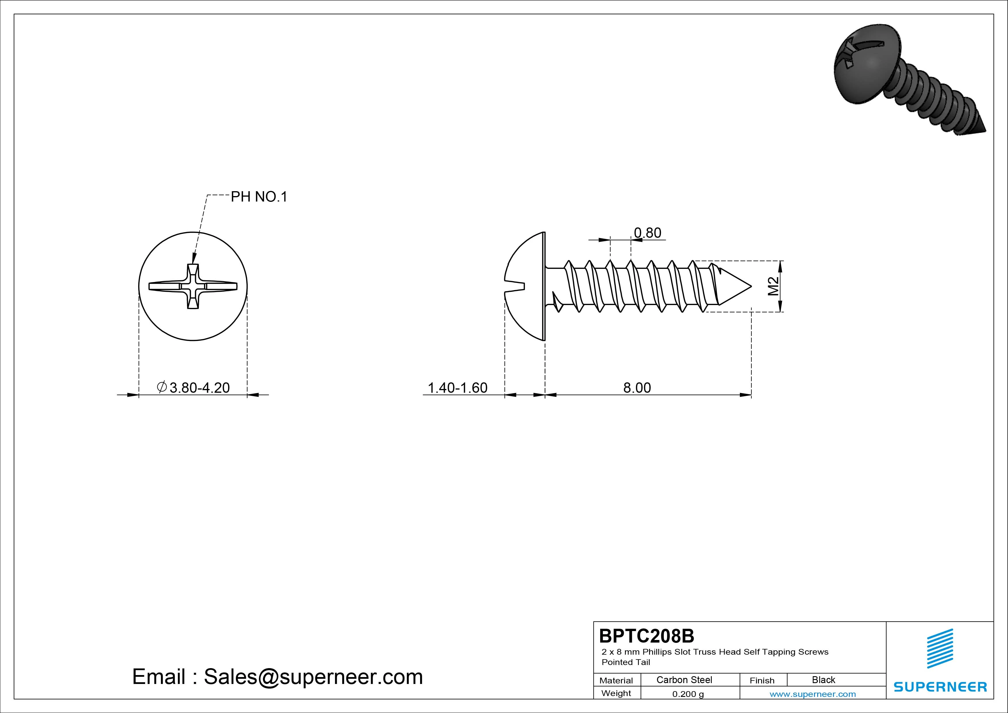 2 x 8mm Phillips Slot Truss Head Self Tapping Screws Pointed Tail Steel Black Zinc Plated