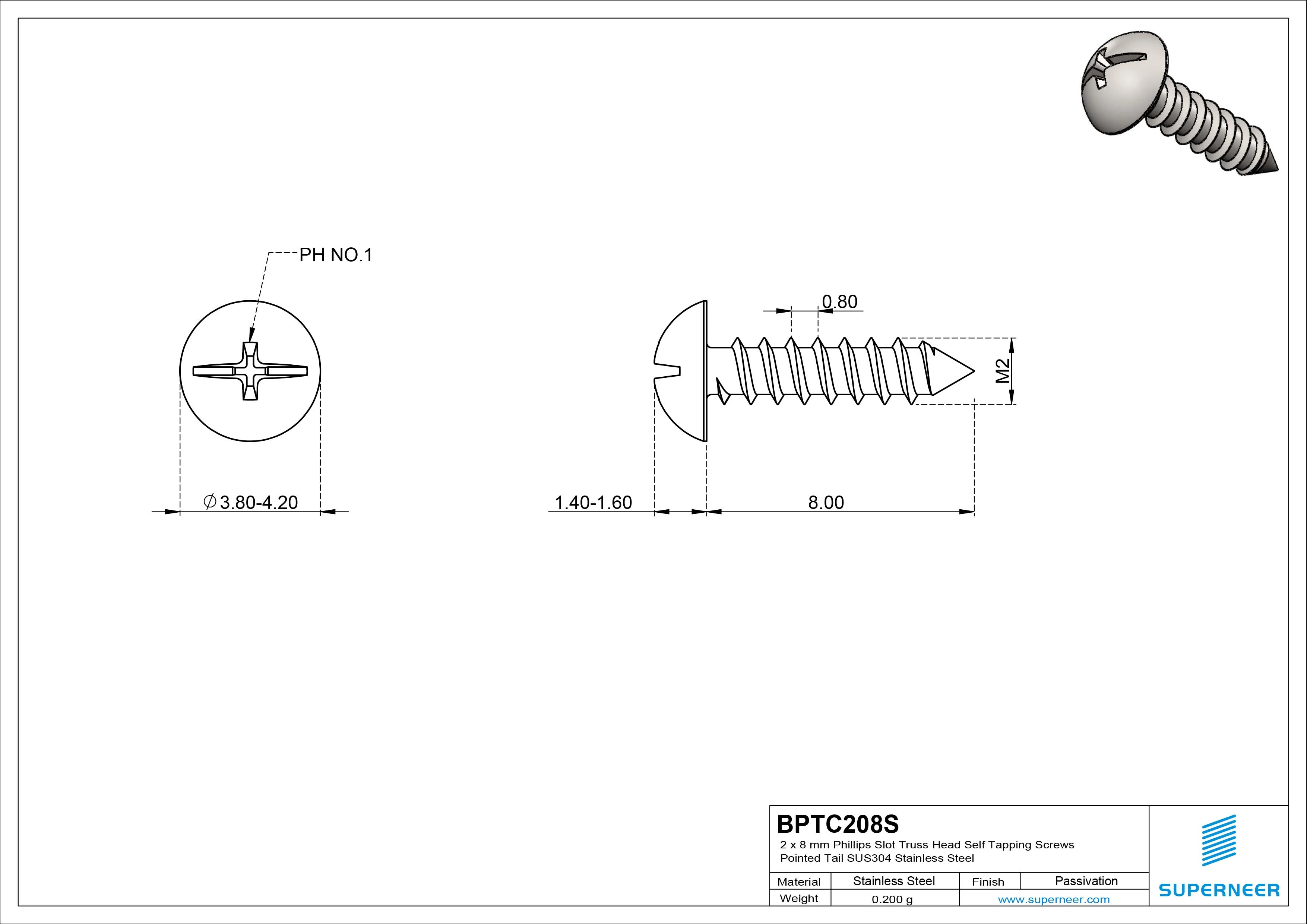 2 x 8mm Phillips Slot Truss Head Self Tapping Screws Pointed Tail SUS304 Stainless Steel