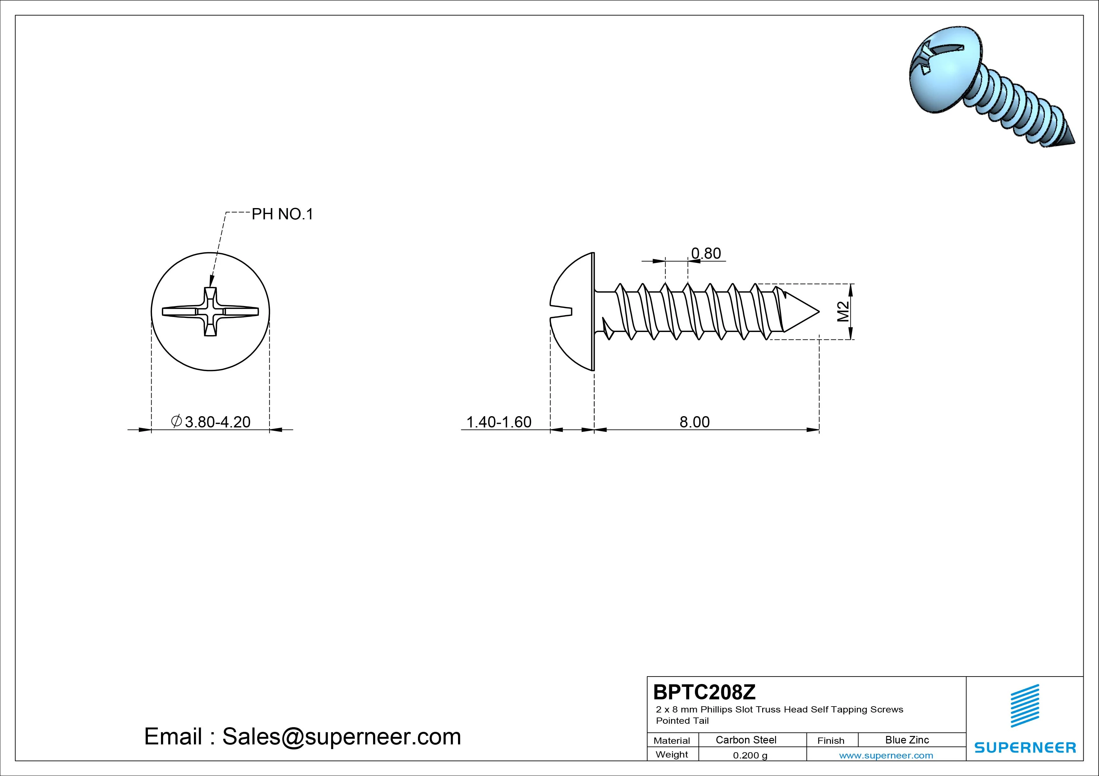 2 x 8mm Phillips Slot Truss Head Self Tapping Screws Pointed Tail Steel Blue Zinc Plated