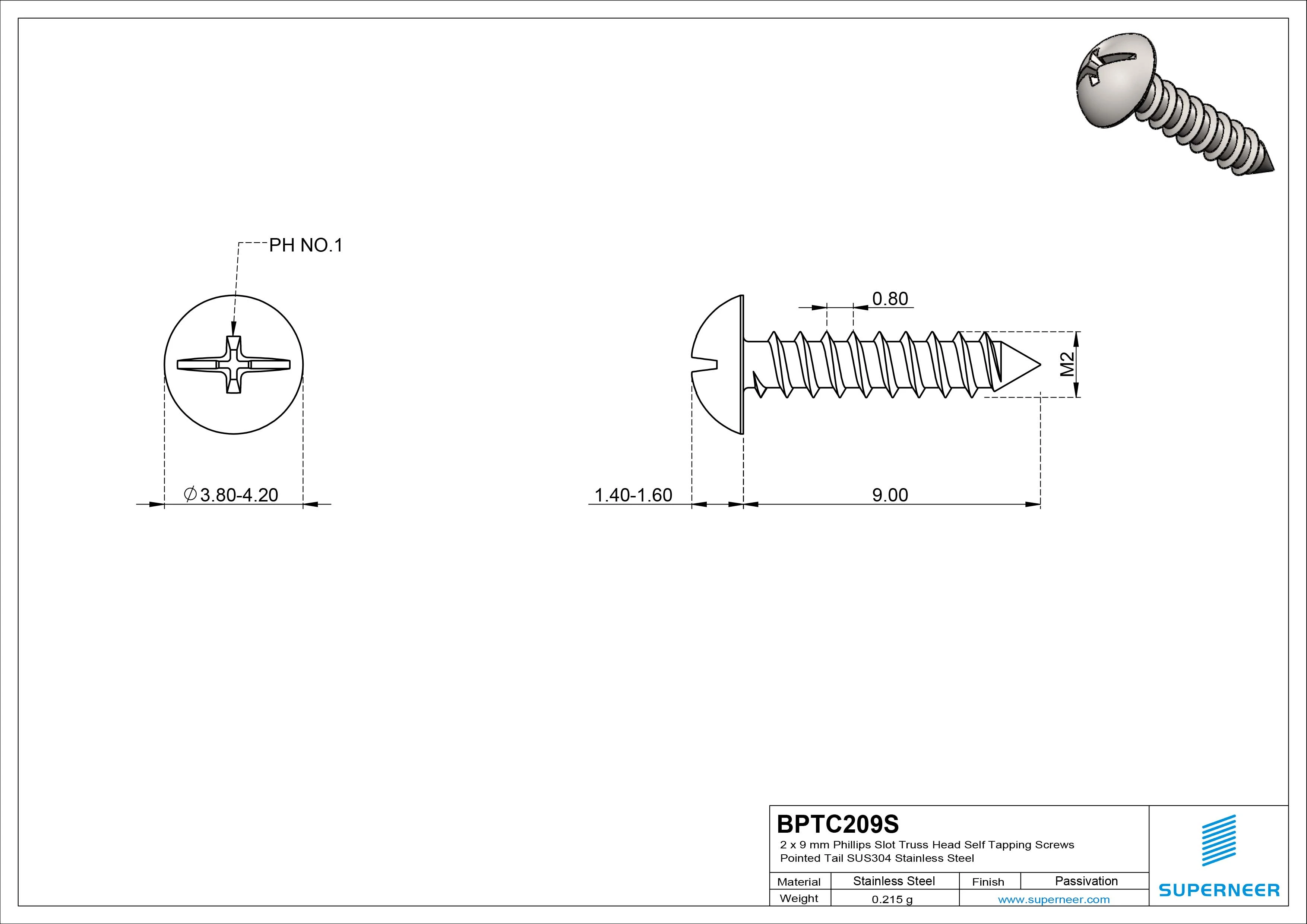 2 x 9mm Phillips Slot Truss Head Self Tapping Screws Pointed Tail SUS304 Stainless Steel