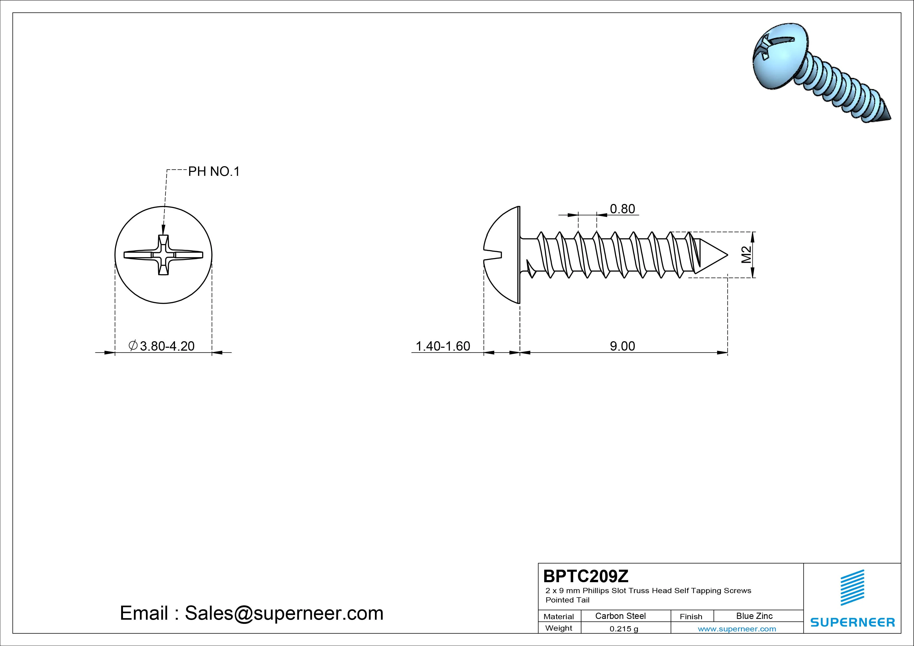2 x 9mm Phillips Slot Truss Head Self Tapping Screws Pointed Tail Steel Blue Zinc Plated