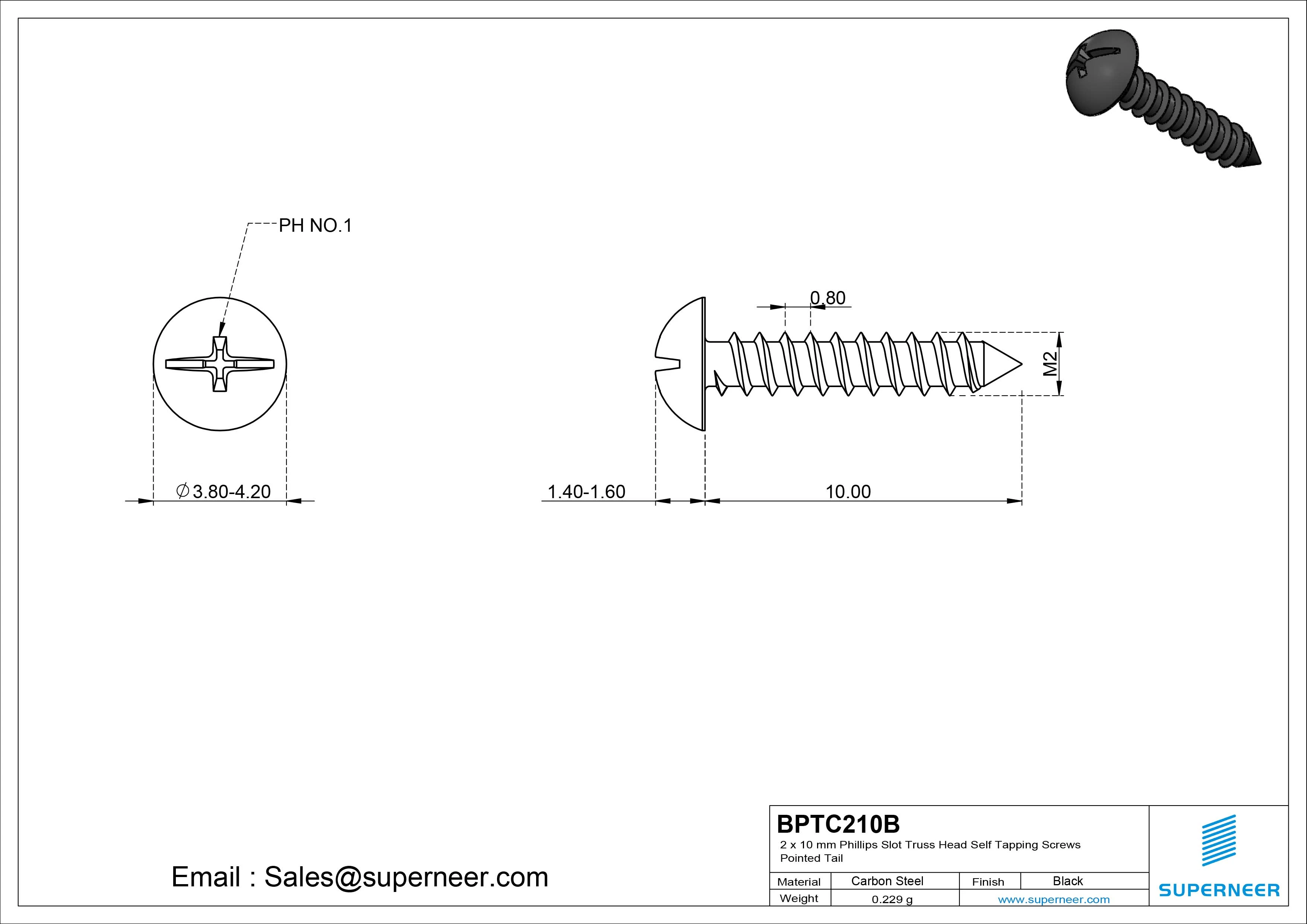 2 x 10mm Phillips Slot Truss Head Self Tapping Screws Pointed Tail Steel Black Zinc Plated