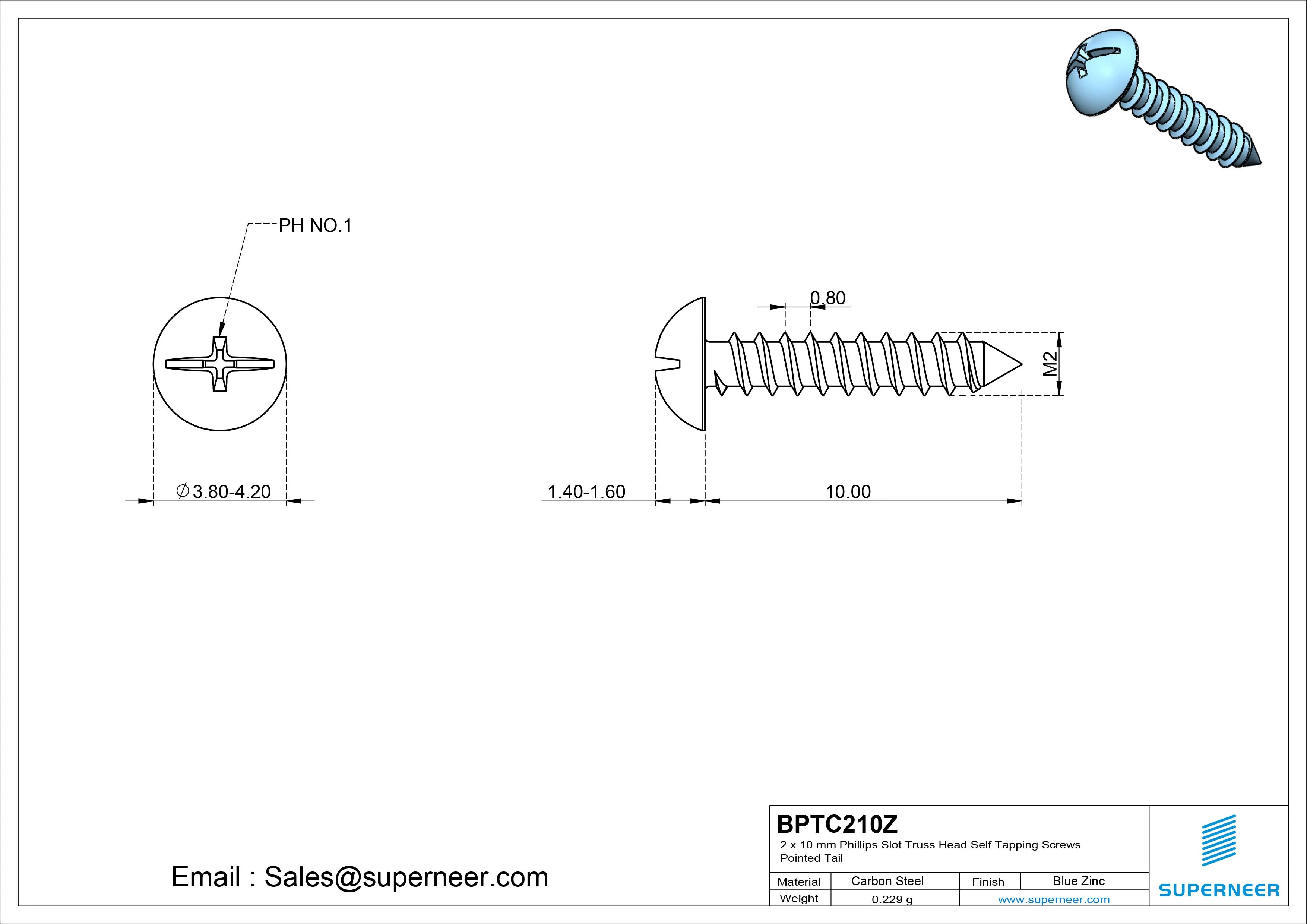 2 x 10mm Phillips Slot Truss Head Self Tapping Screws Pointed Tail Steel Blue Zinc Plated