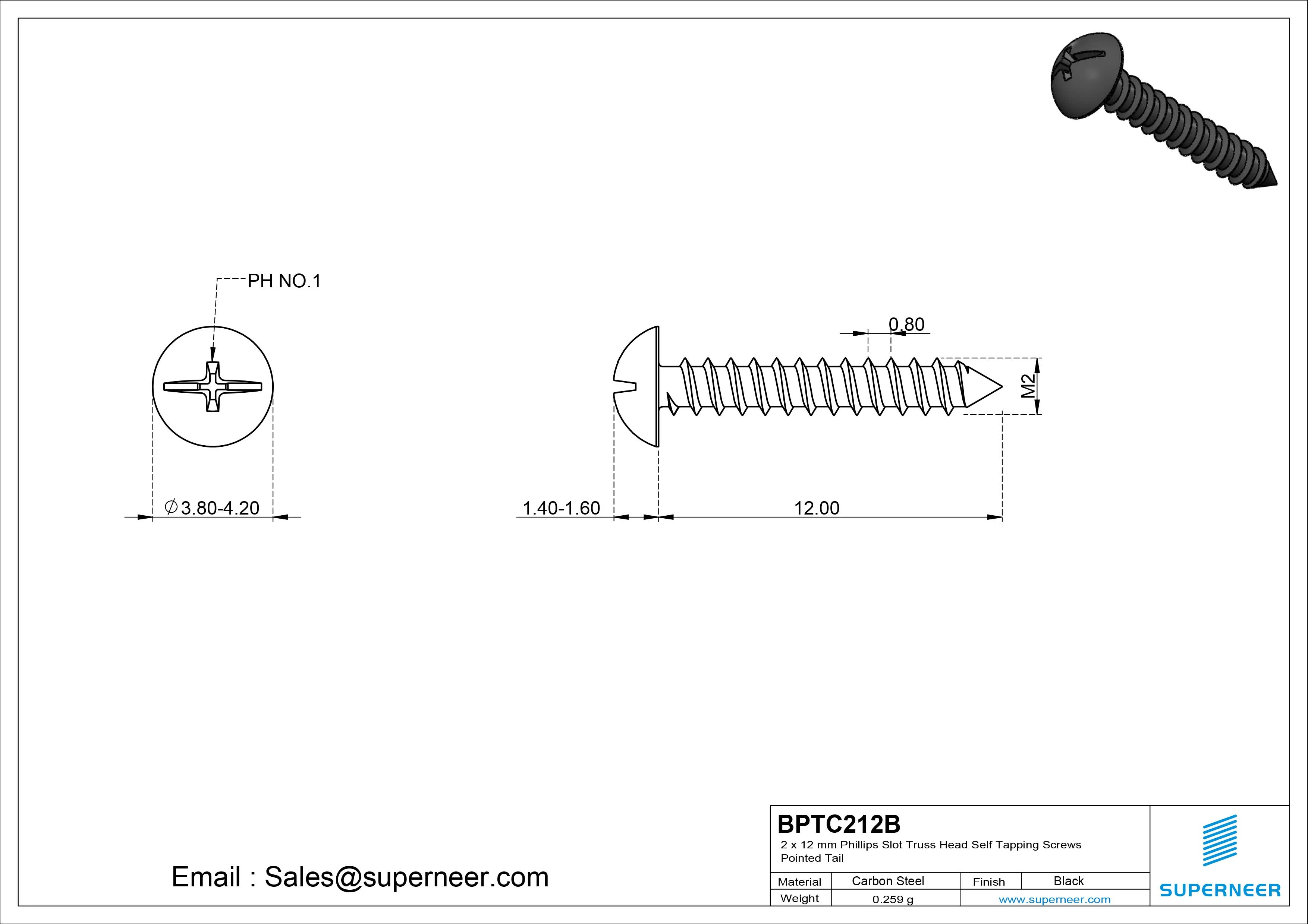 2 x 12mm Phillips Slot Truss Head Self Tapping Screws Pointed Tail Steel Black Zinc Plated