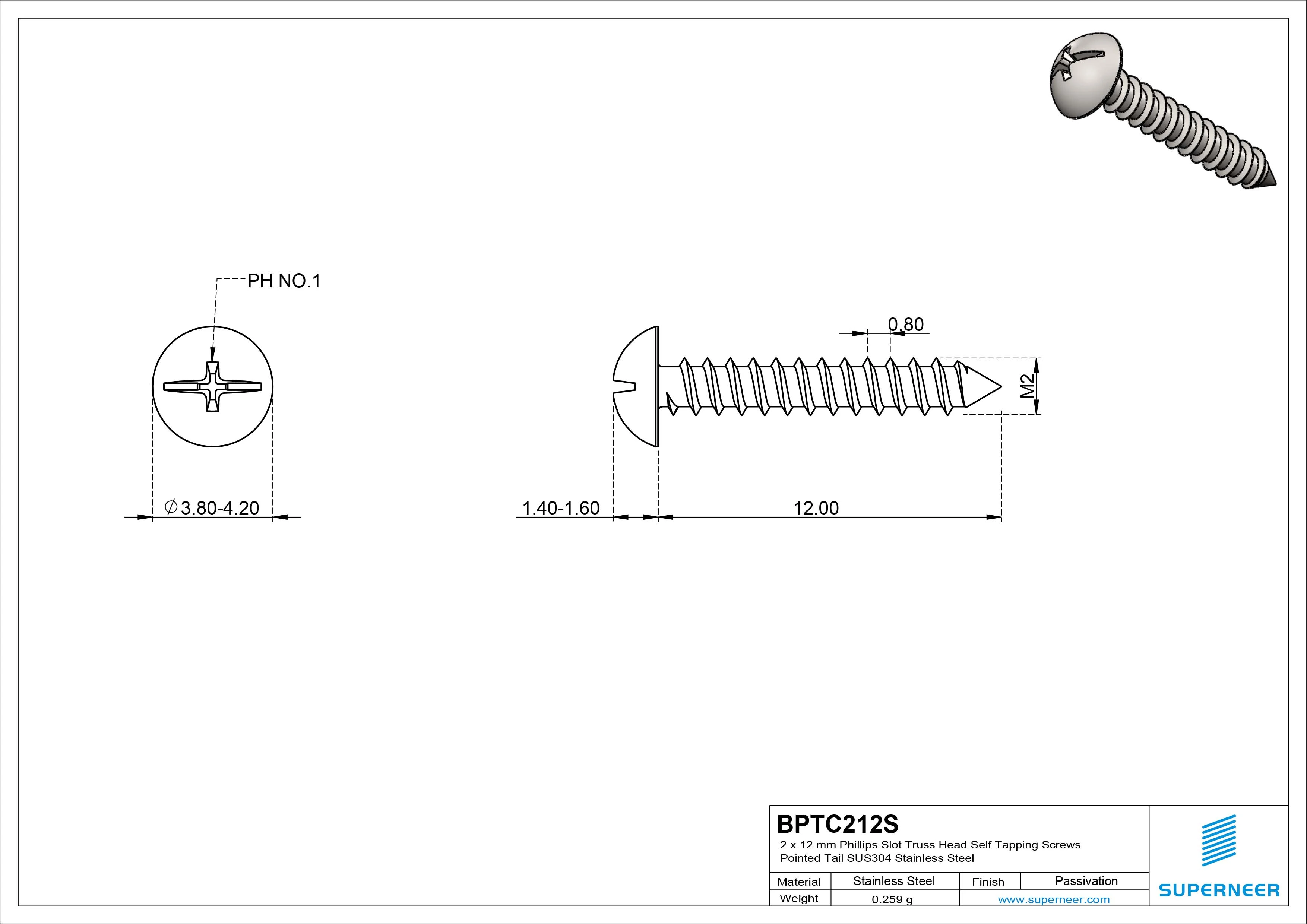 2 x 12mm Phillips Slot Truss Head Self Tapping Screws Pointed Tail SUS304 Stainless Steel