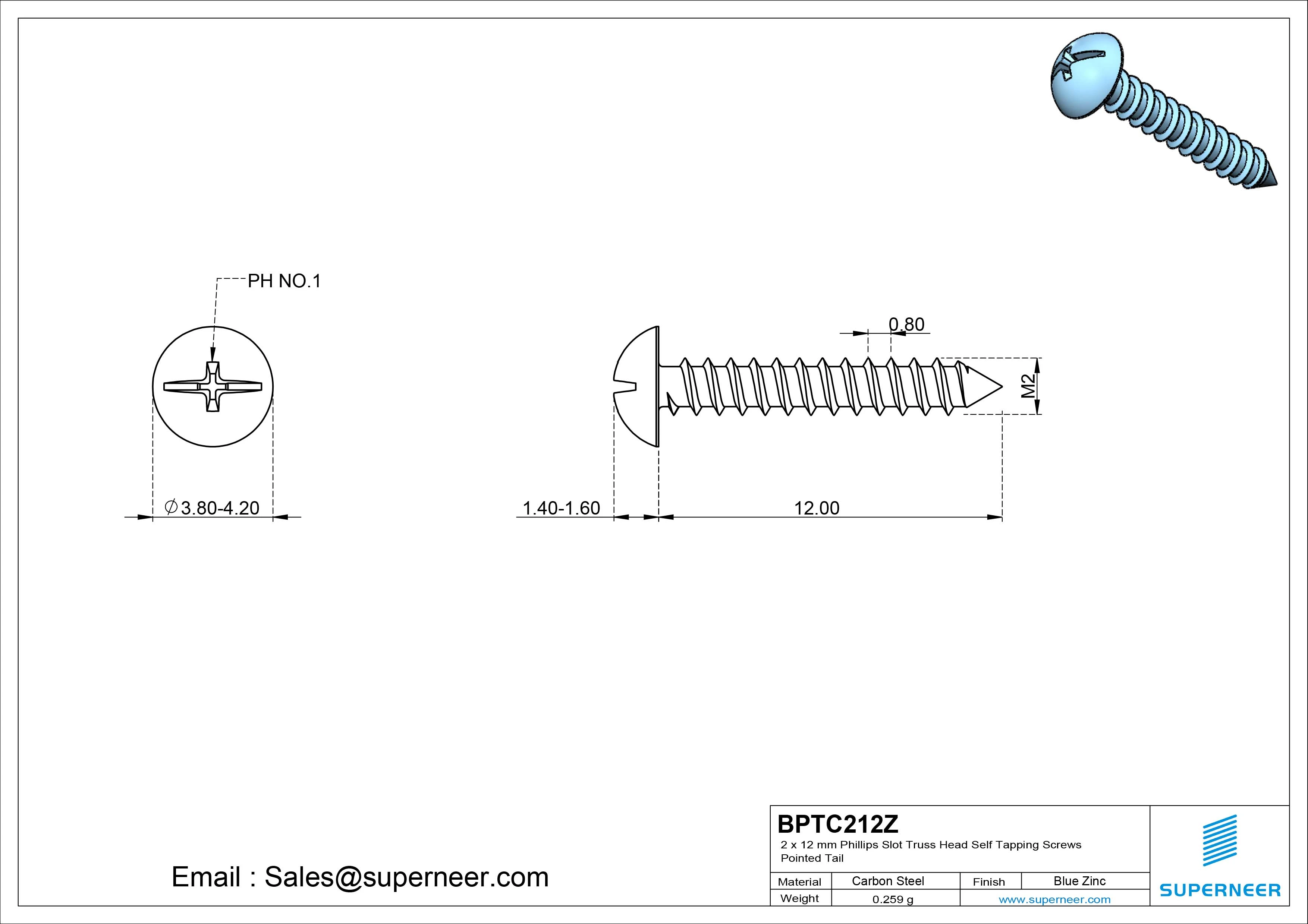 2 x 12mm Phillips Slot Truss Head Self Tapping Screws Pointed Tail Steel Blue Zinc Plated