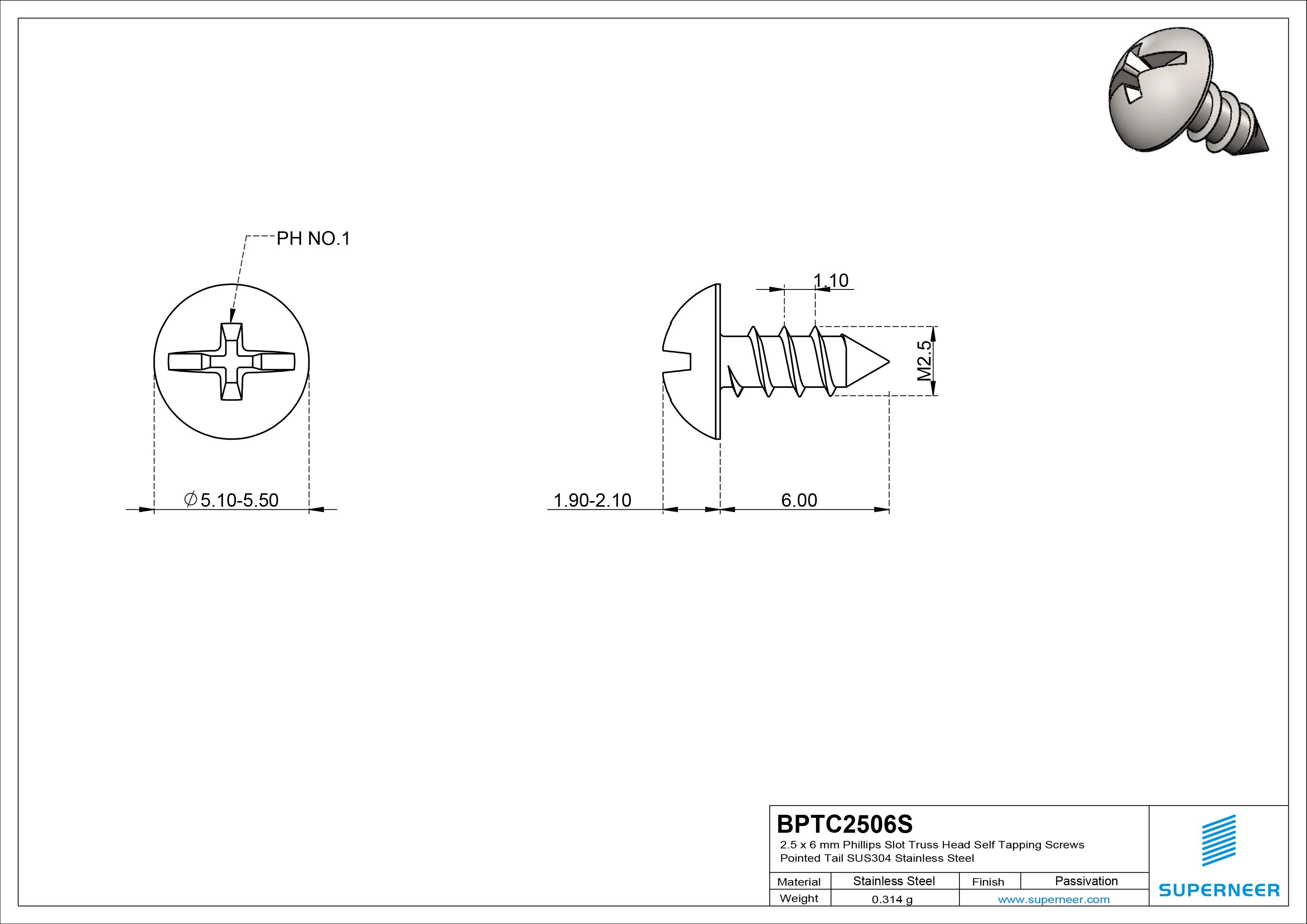 2.5 x 6mm Phillips Slot Truss Head Self Tapping Screws Pointed Tail SUS304 Stainless Steel