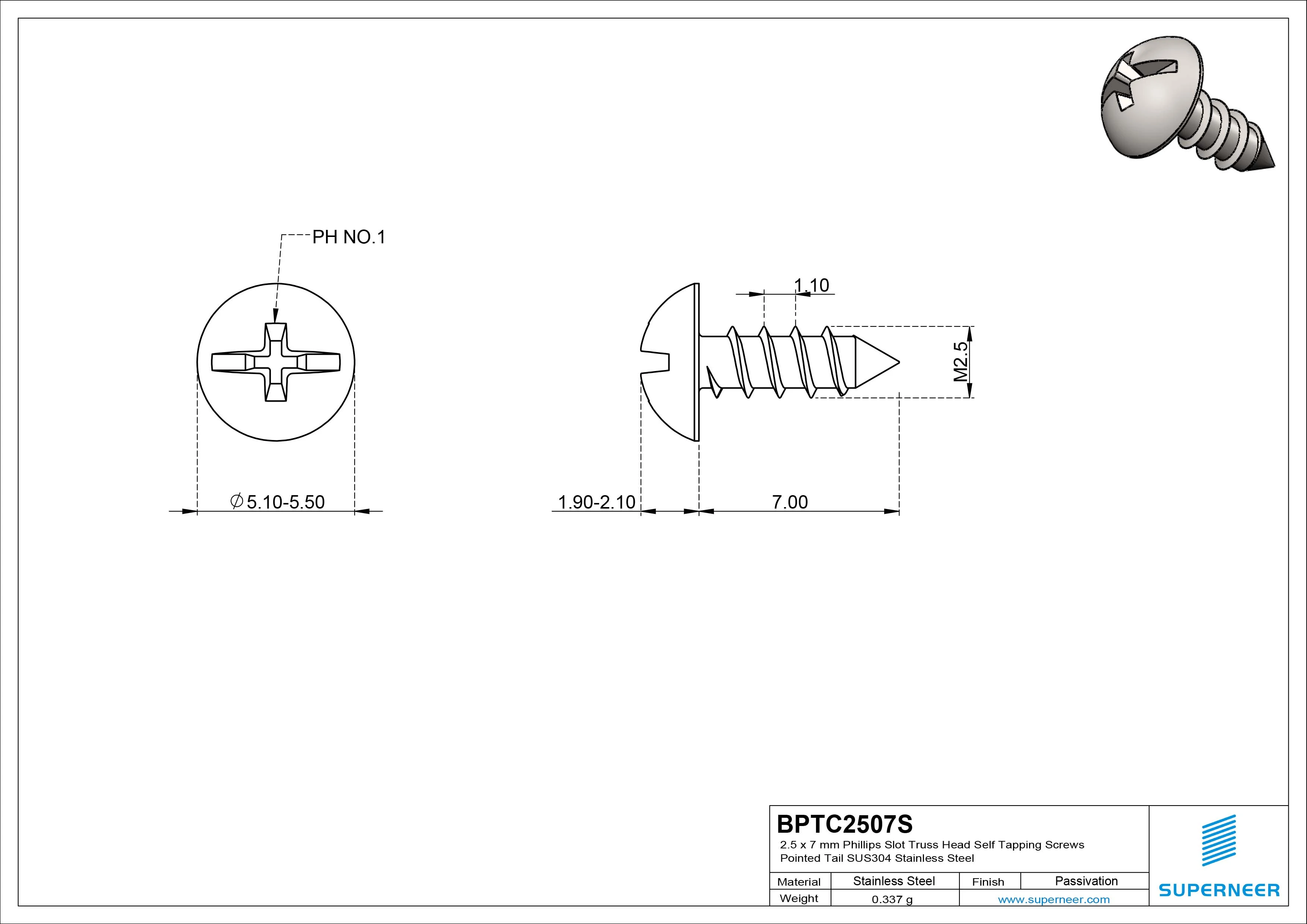 2.5 x 7mm Phillips Slot Truss Head Self Tapping Screws Pointed Tail SUS304 Stainless Steel