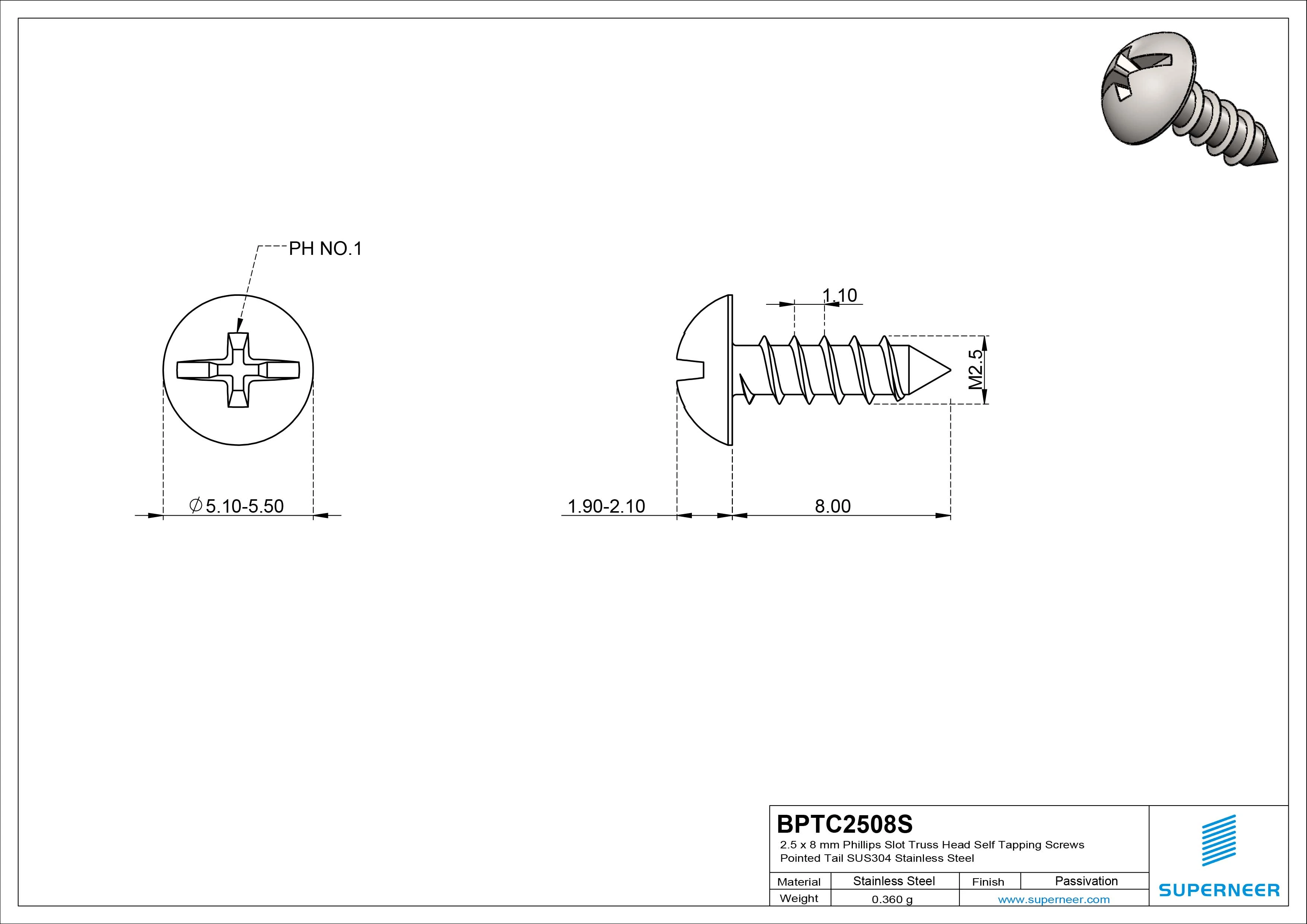 2.5 x 8mm Phillips Slot Truss Head Self Tapping Screws Pointed Tail SUS304 Stainless Steel