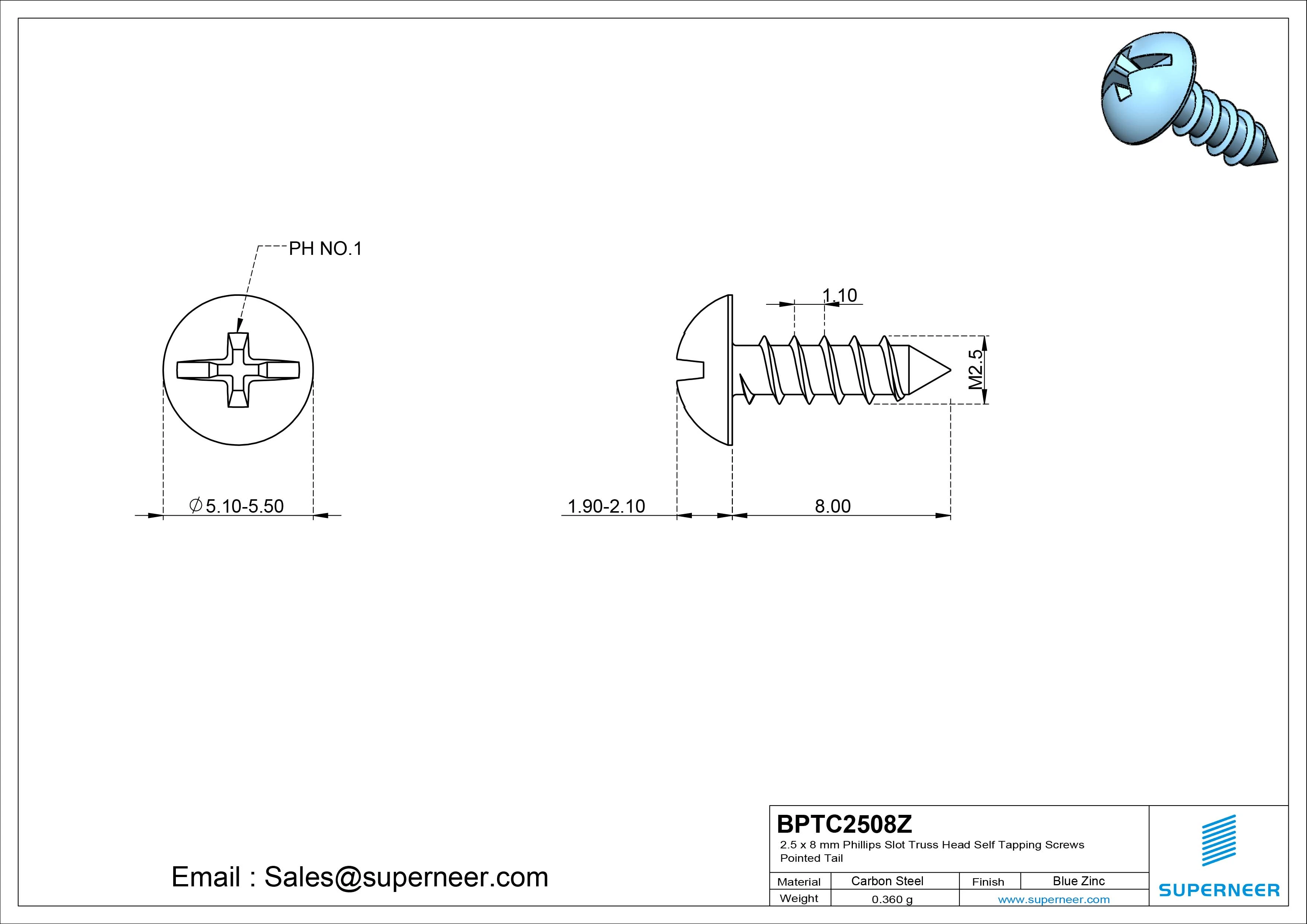2.5 x 8mm Phillips Slot Truss Head Self Tapping Screws Pointed Tail Steel Blue Zinc Plated