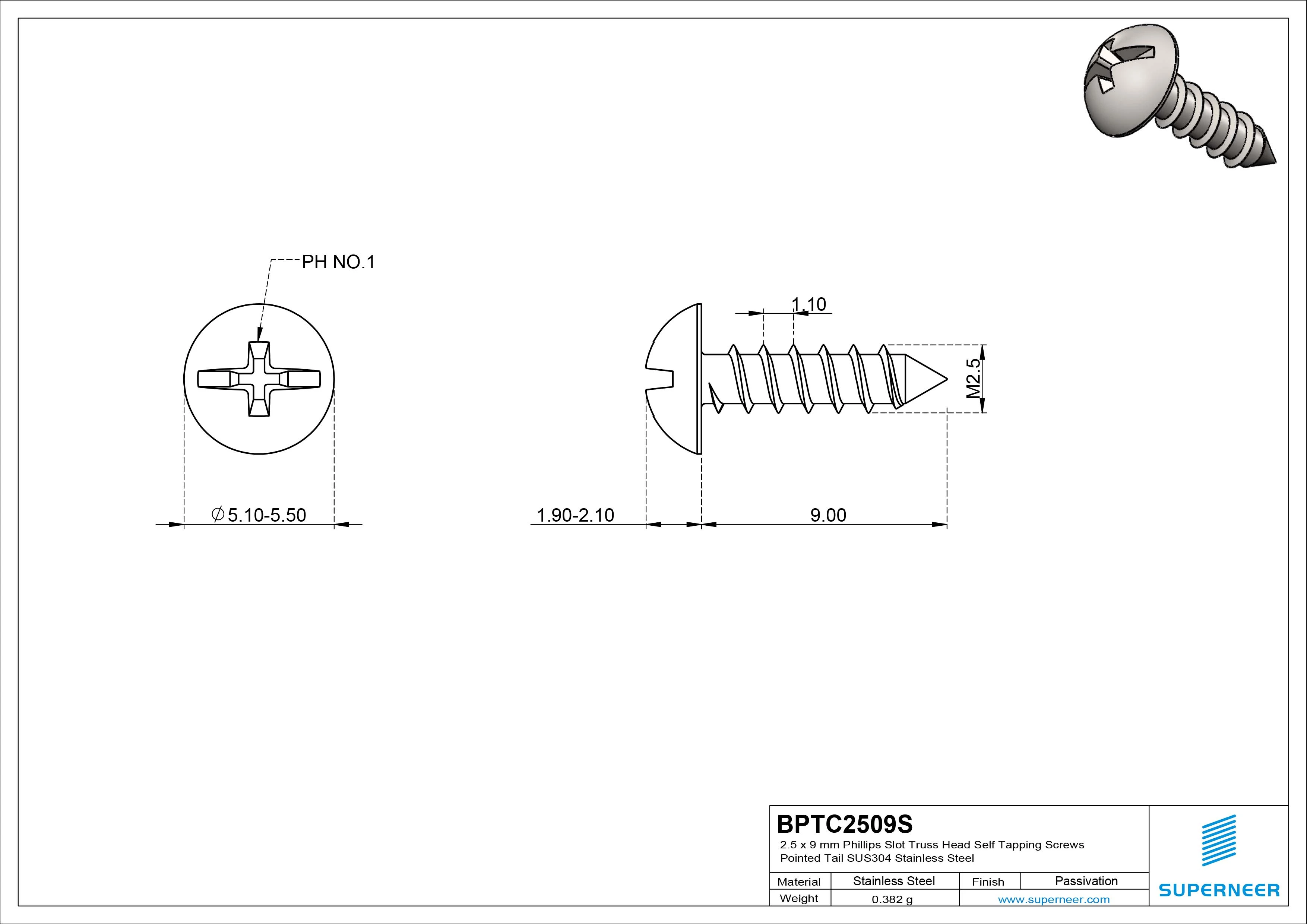 2.5 x 9mm Phillips Slot Truss Head Self Tapping Screws Pointed Tail SUS304 Stainless Steel