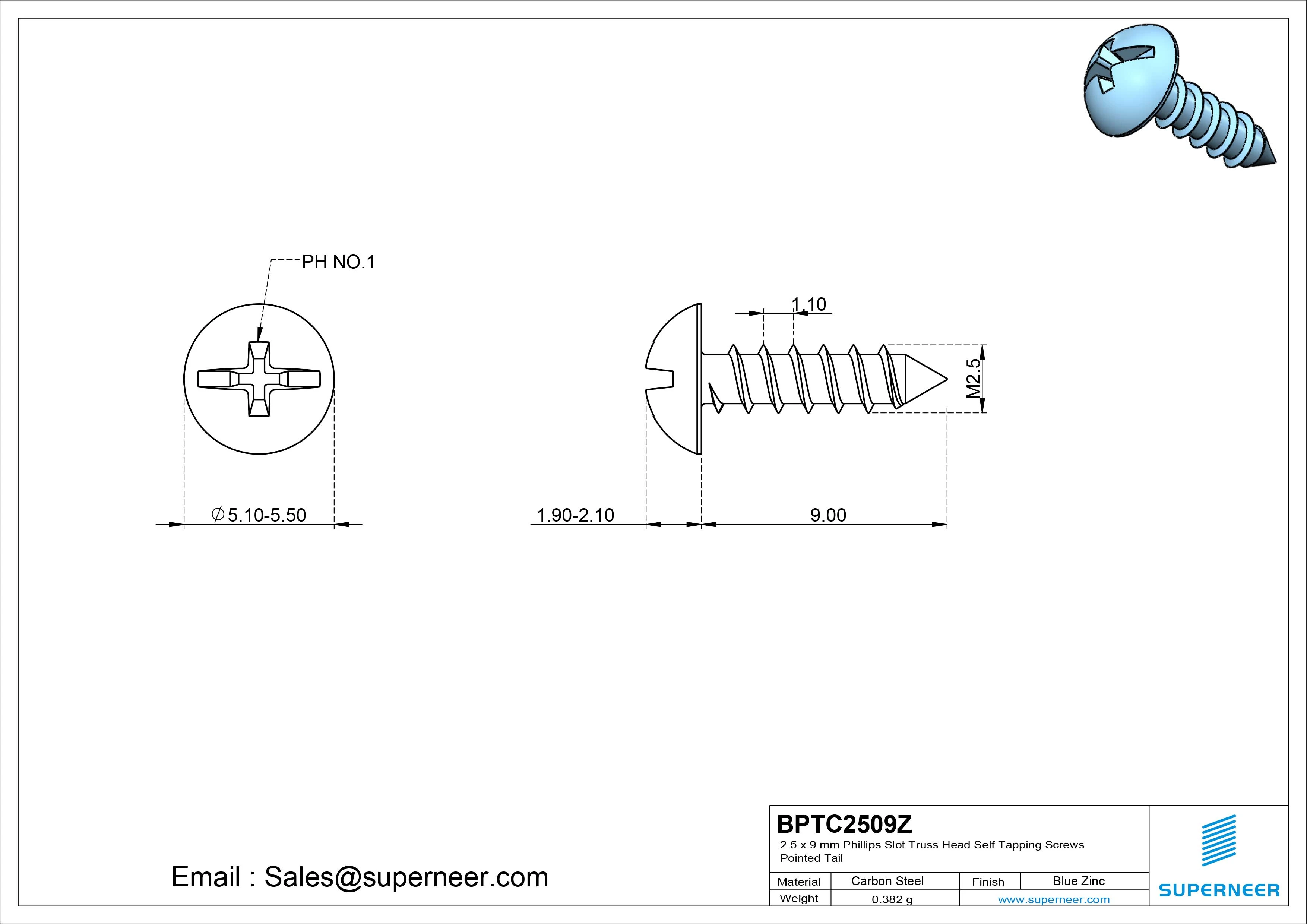 2.5 x 9mm Phillips Slot Truss Head Self Tapping Screws Pointed Tail Steel Blue Zinc Plated