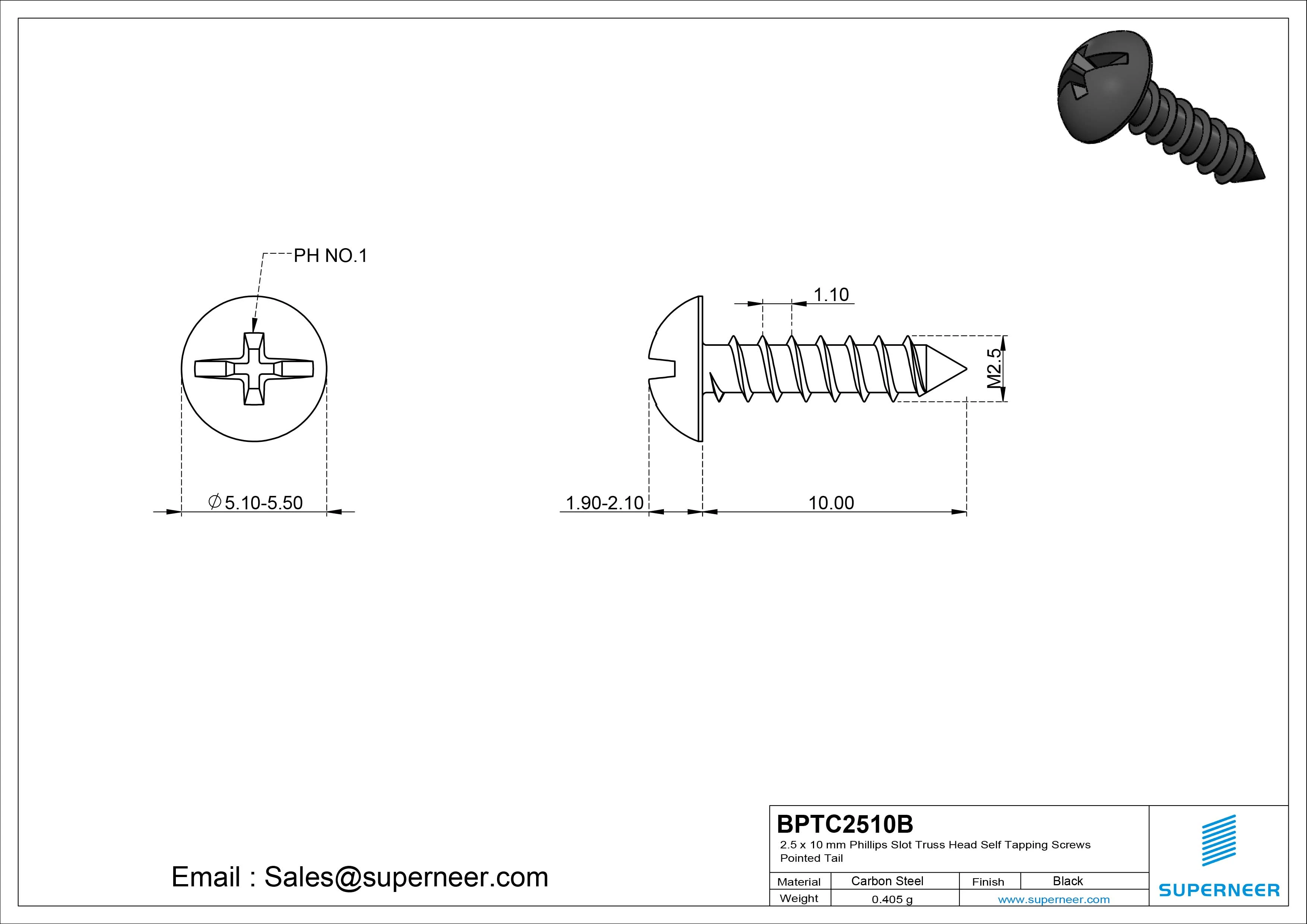 2.5 x 10mm Phillips Slot Truss Head Self Tapping Screws Pointed Tail Steel Black Zinc Plated