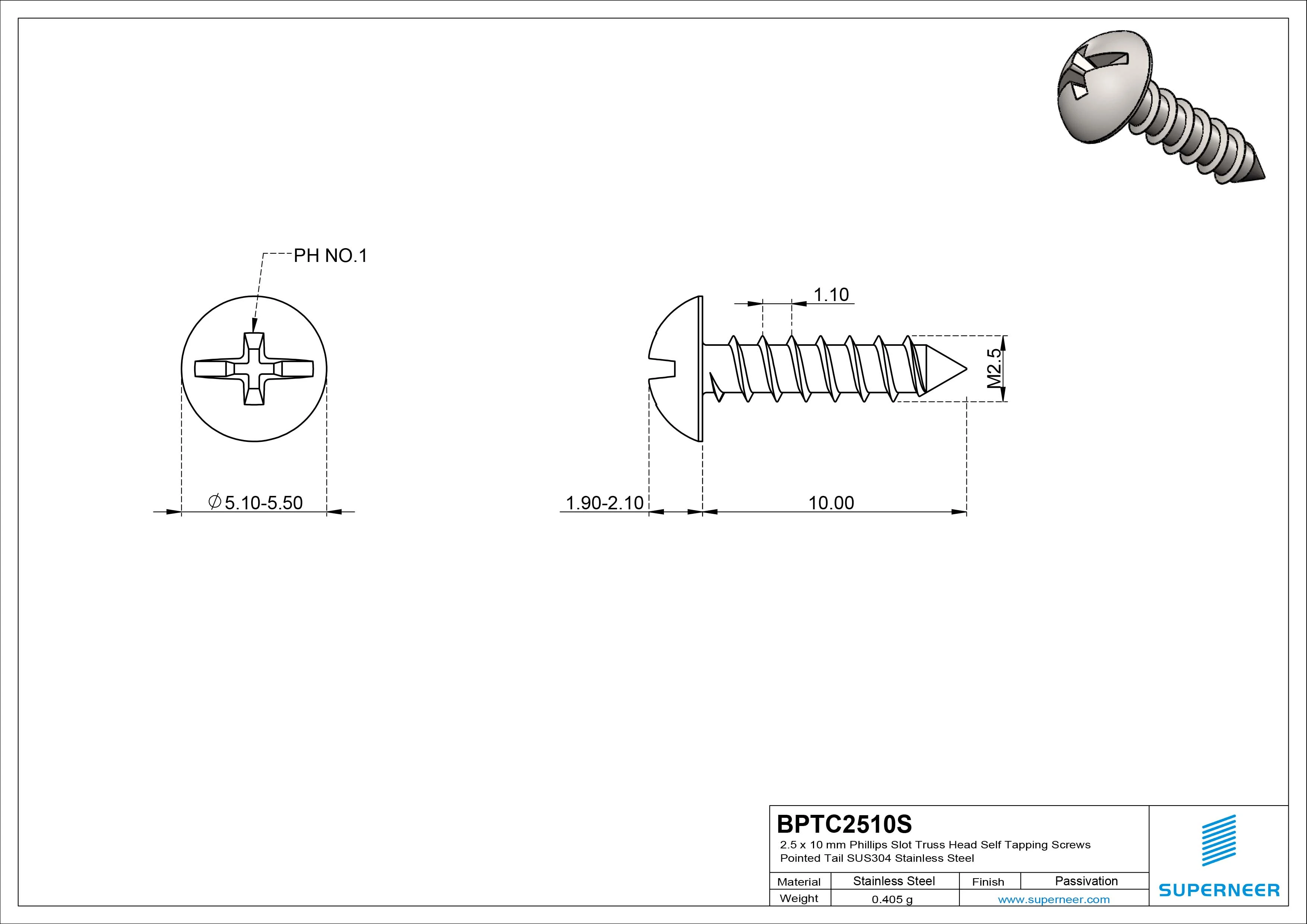 2.5 x 10mm Phillips Slot Truss Head Self Tapping Screws Pointed Tail SUS304 Stainless Steel