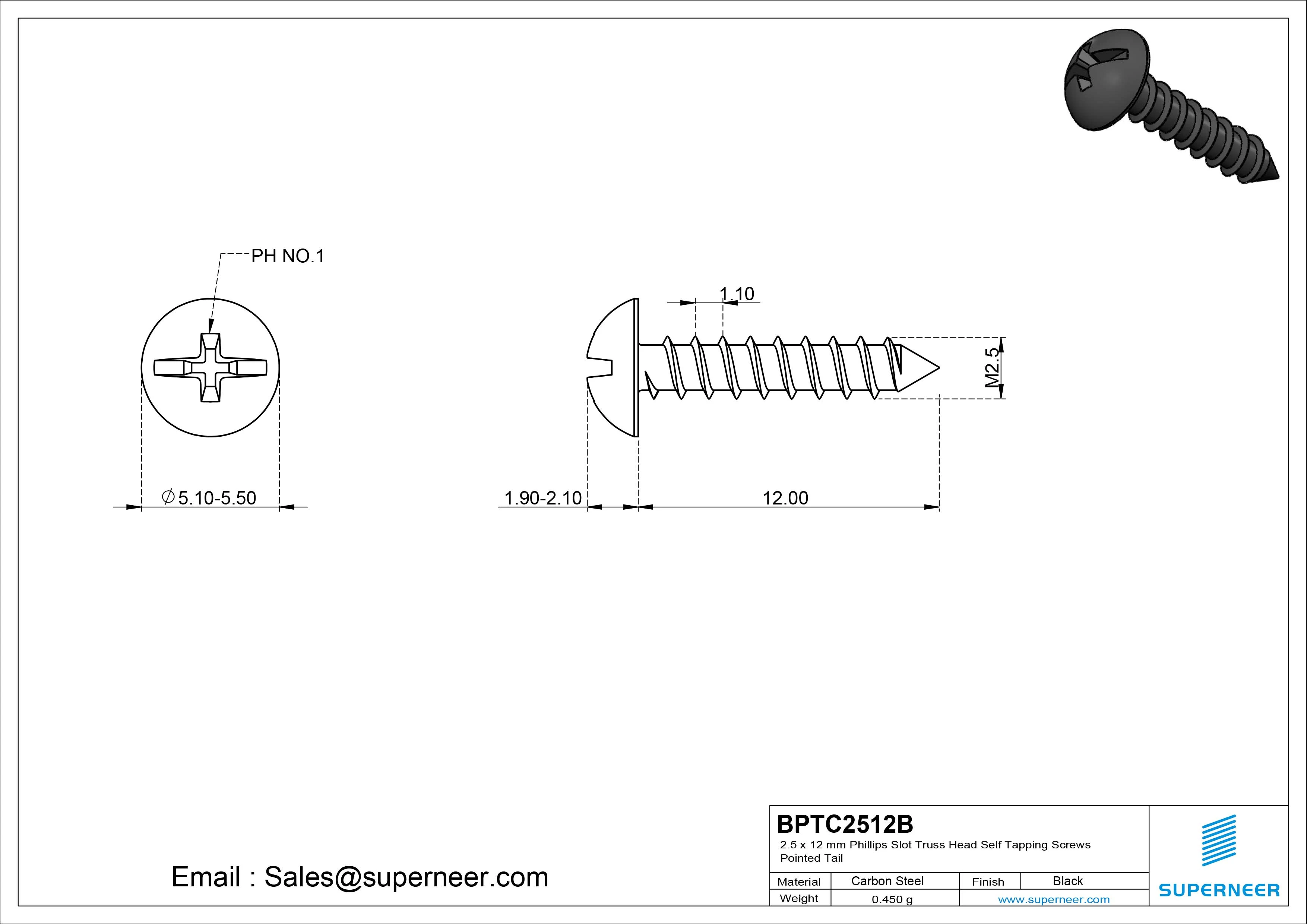 2.5 x 12mm Phillips Slot Truss Head Self Tapping Screws Pointed Tail Steel Black Zinc Plated