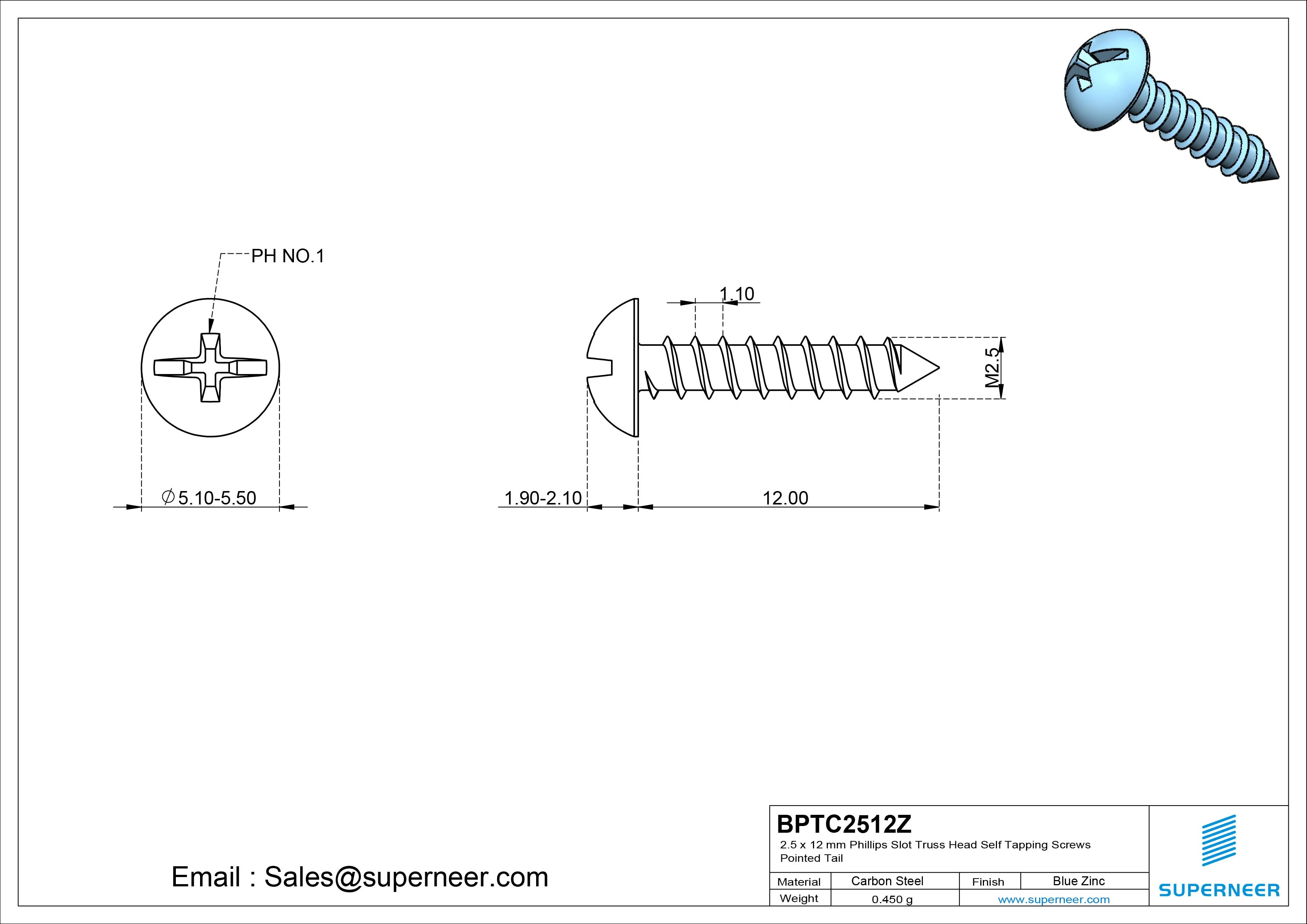 2.5 x 12mm Phillips Slot Truss Head Self Tapping Screws Pointed Tail Steel Blue Zinc Plated