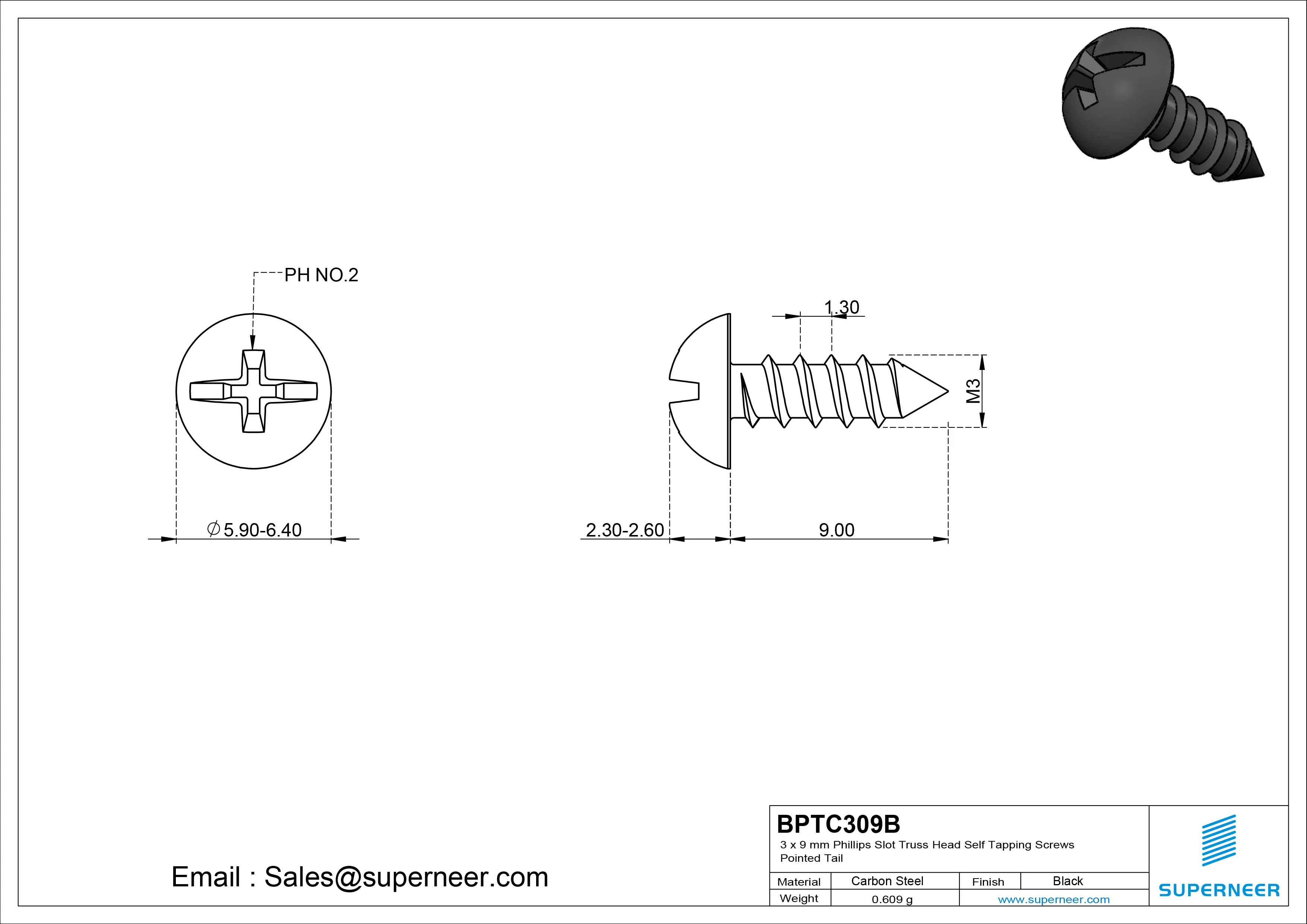 3 x 9mm Phillips Slot Truss Head Self Tapping Screws Pointed Tail Steel Black Zinc Plated